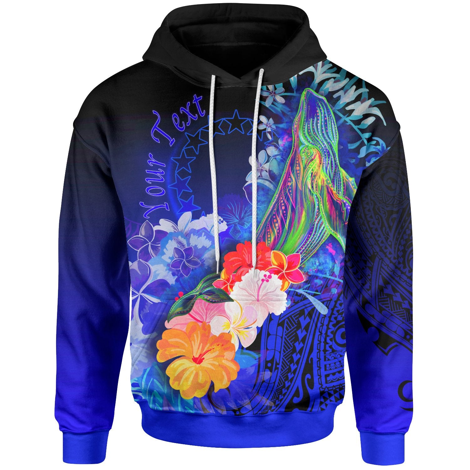 Cook Islands Custom Hoodie Humpback Whale with Tropical Flowers (Blue) Unisex Blue - Polynesian Pride