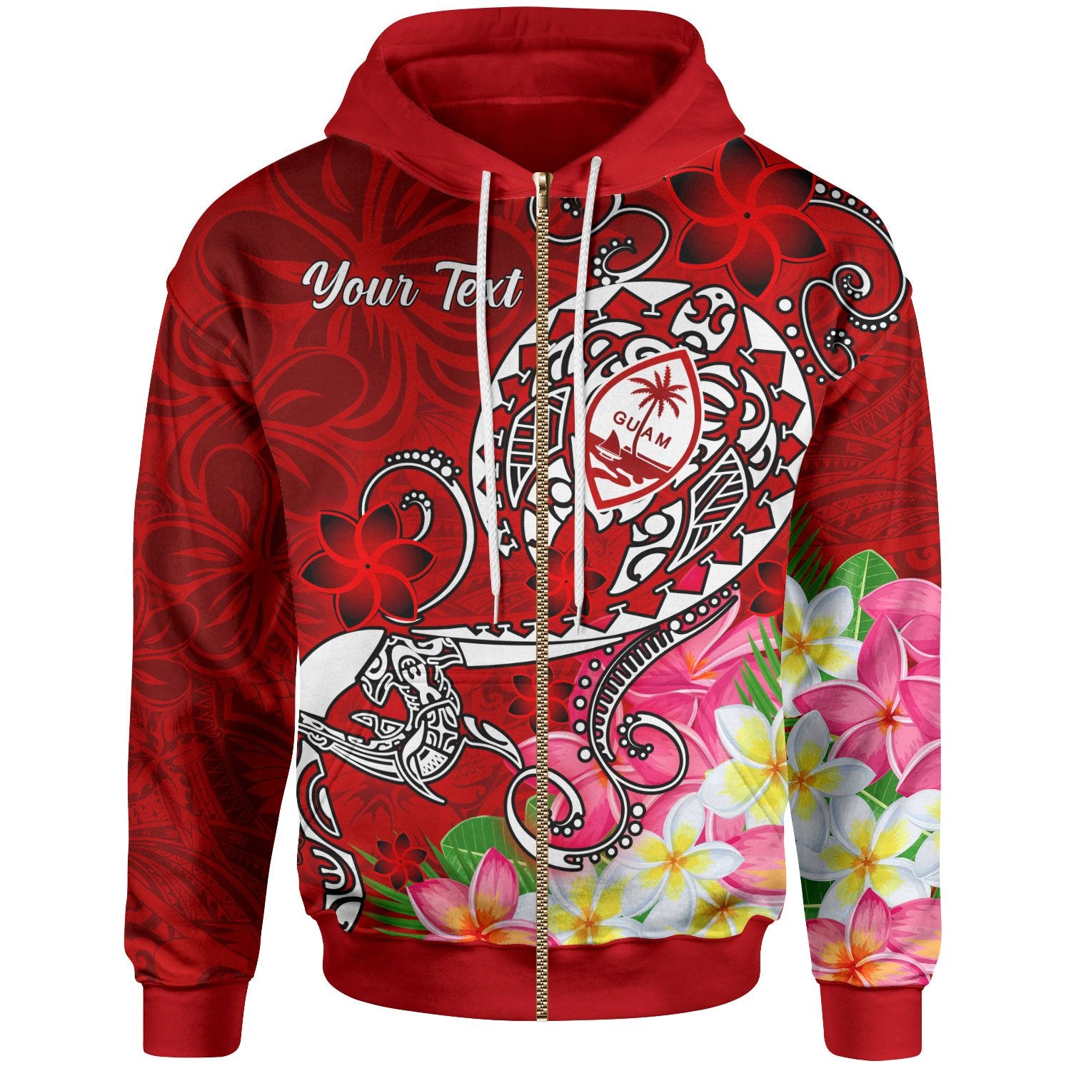 Guam Custom Zip up Hoodie Turtle Plumeria (Red) Unisex Red - Polynesian Pride