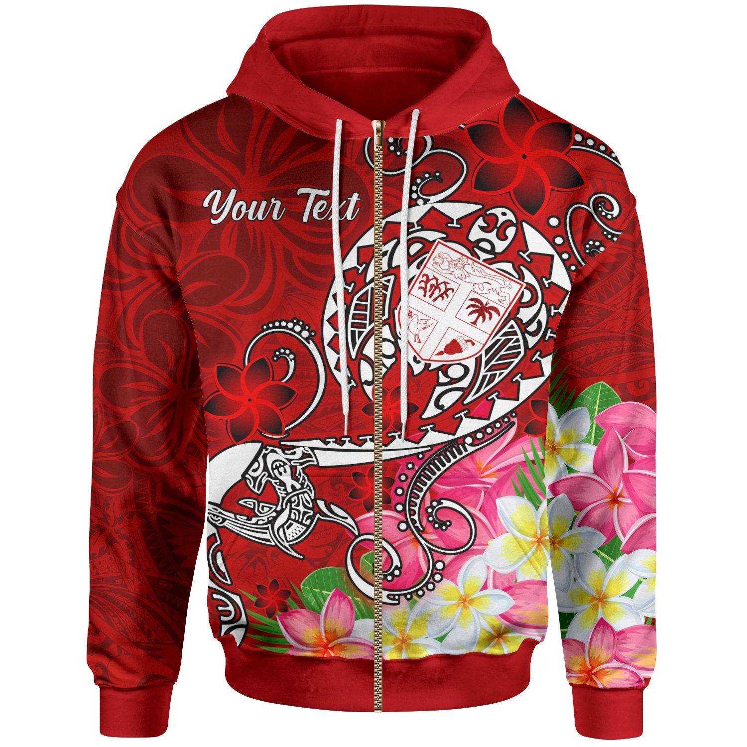 Fiji Custom Zip up Hoodie Turtle Plumeria (Red) Unisex Red - Polynesian Pride