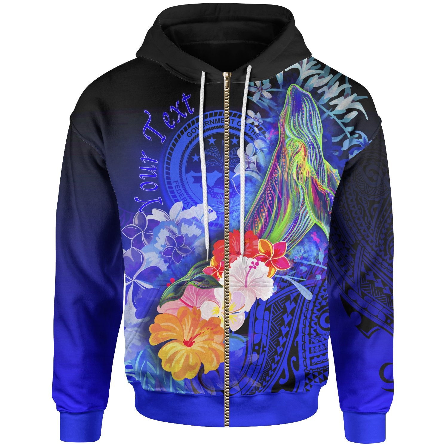 Custom Fsm Zip up Hoodie Humpback Whale with Tropical Flowers (Blue) Unisex Blue - Polynesian Pride