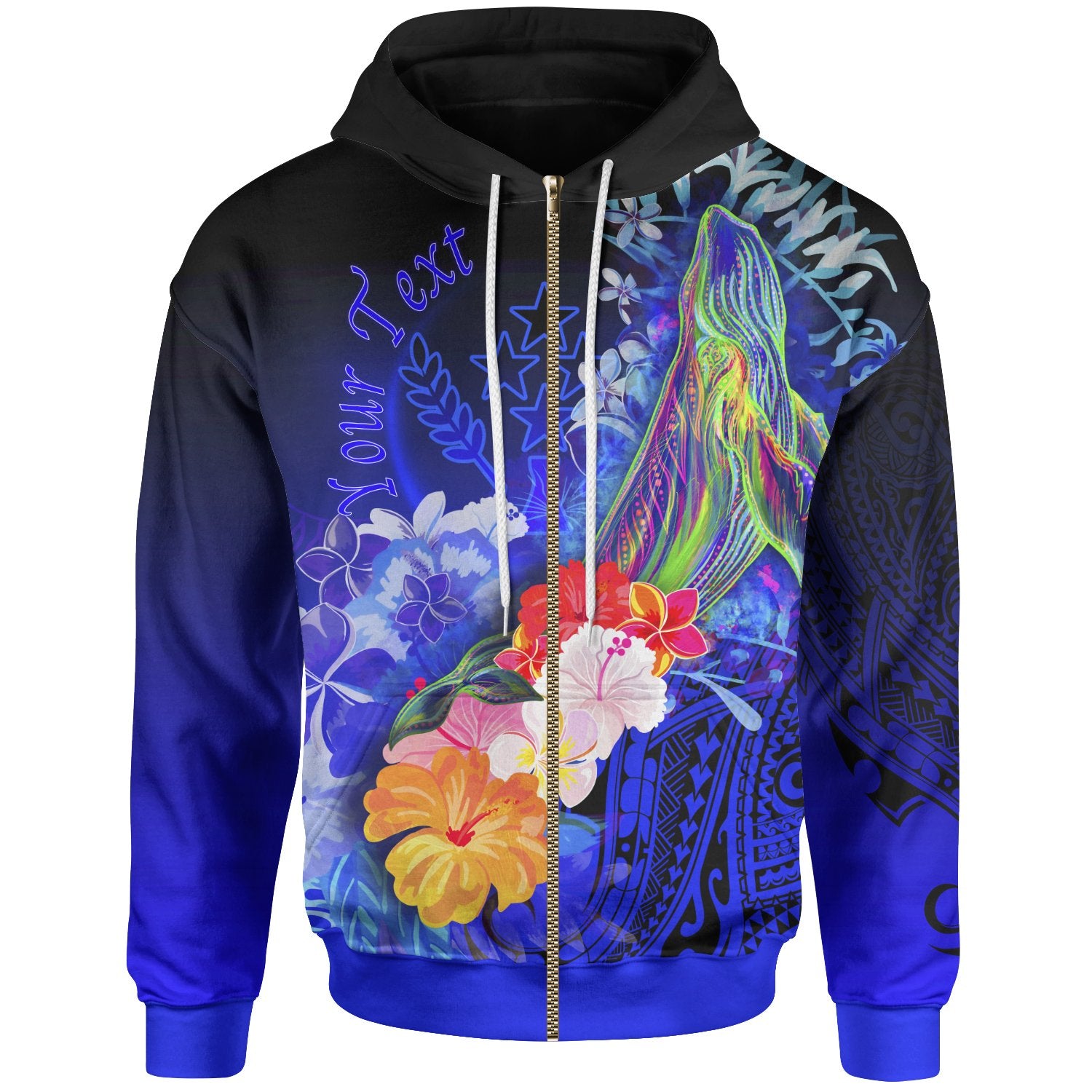 Custom Kosrae Zip up Hoodie Humpback Whale with Tropical Flowers (Blue) Unisex Blue - Polynesian Pride