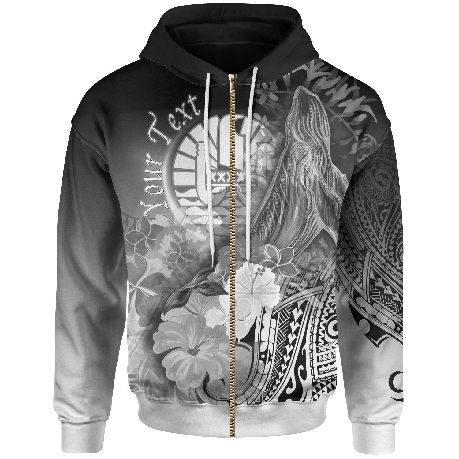 Tahiti Custom Zip up Hoodie Humpback Whale with Tropical Flowers (White) Unisex White - Polynesian Pride