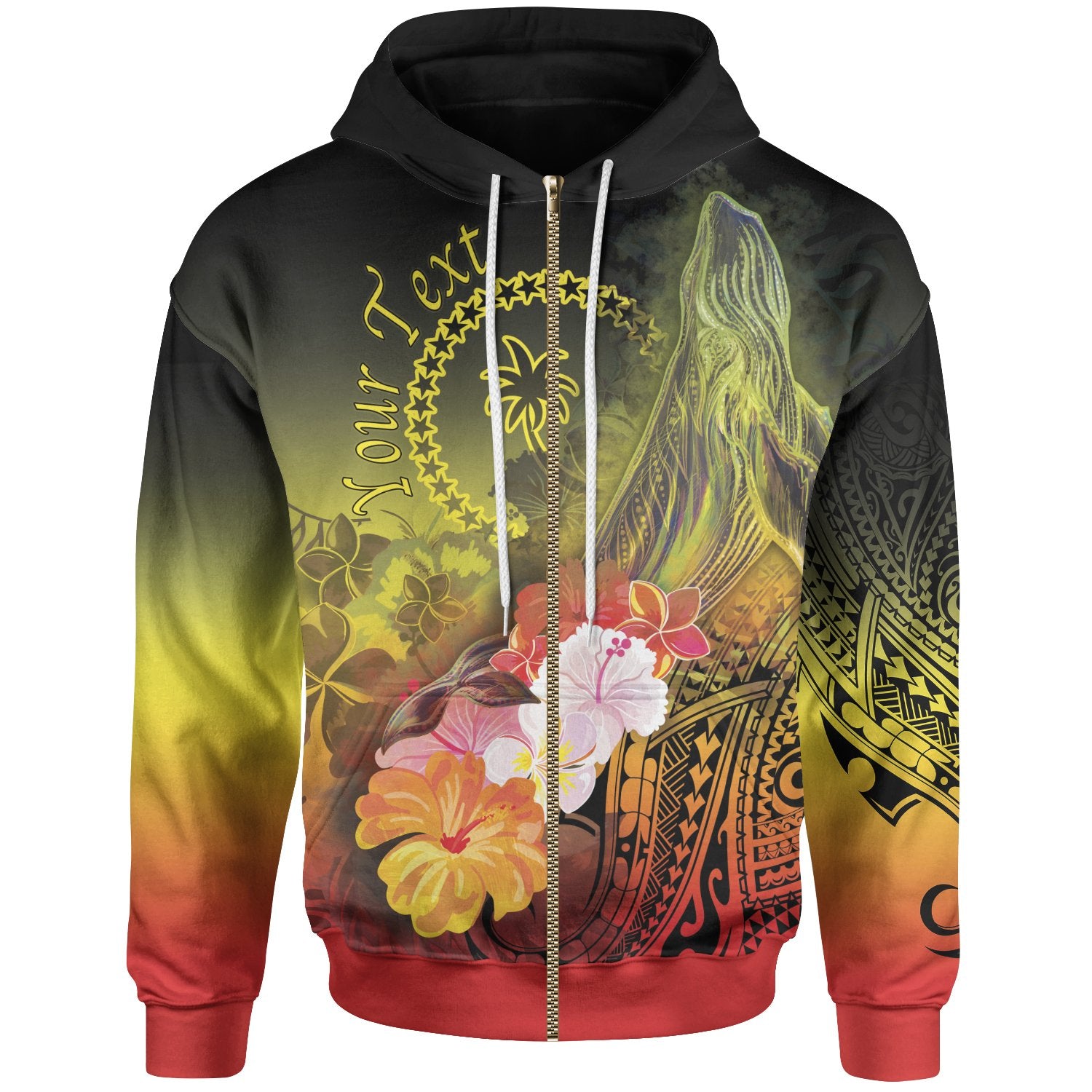 Custom Chuuk Zip up Hoodie Humpback Whale with Tropical Flowers (Yellow) Unisex Yellow - Polynesian Pride