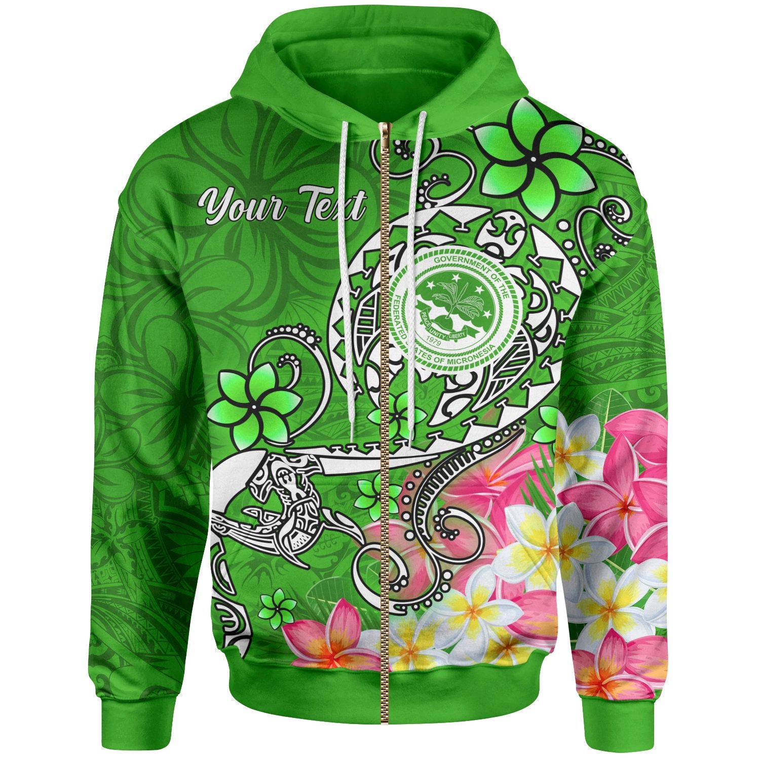 FSM Custom Zip up Hoodie Turtle Plumeria (Green) Unisex Blue - Polynesian Pride