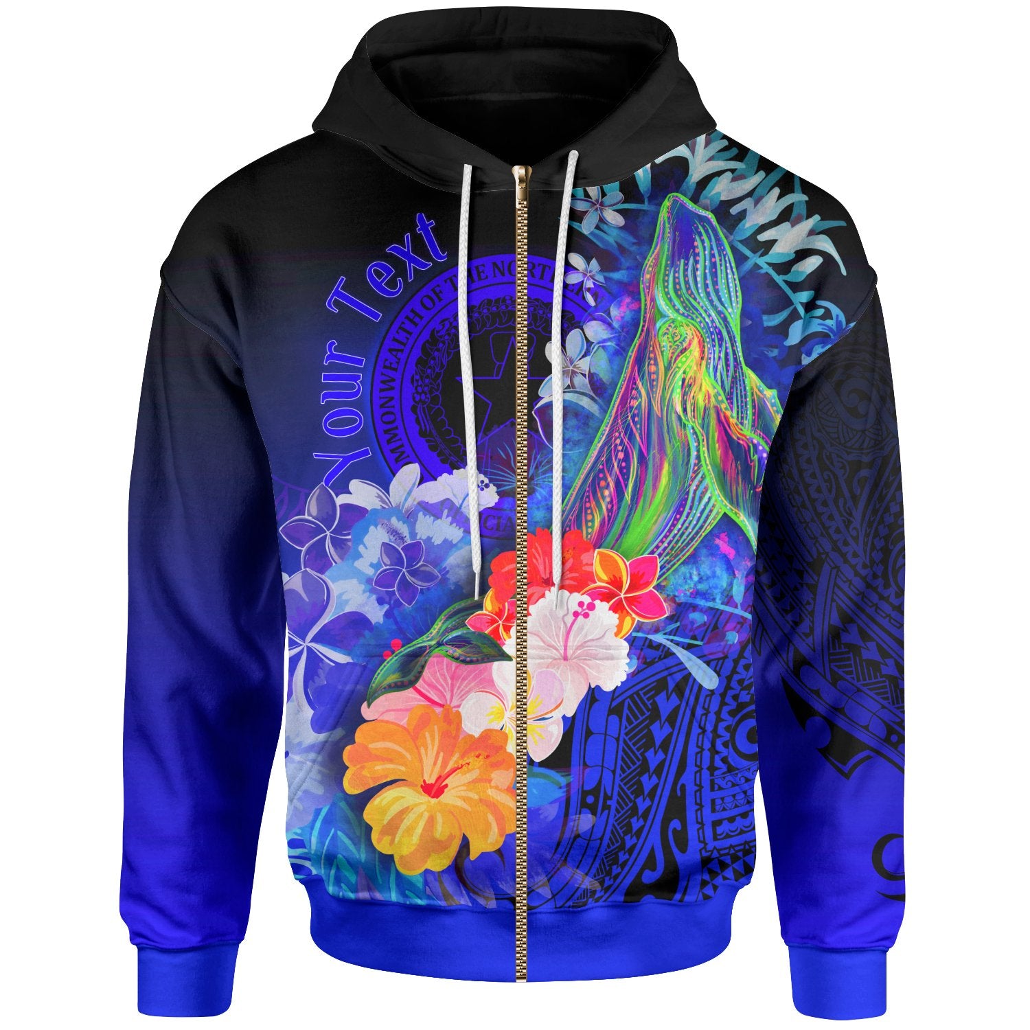 CNMI Custom Zip up Hoodie Humpback Whale with Tropical Flowers (Blue) Unisex Blue - Polynesian Pride