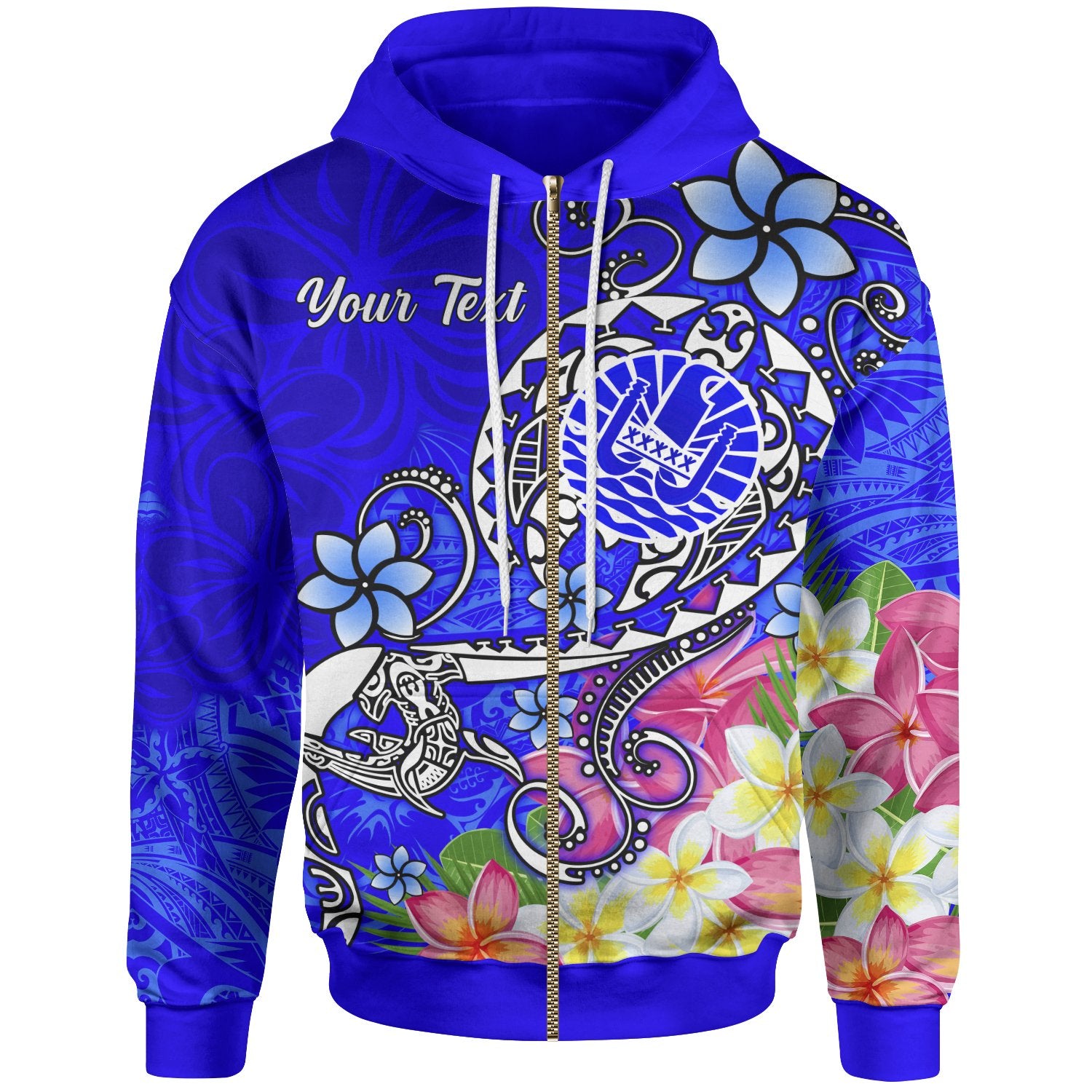 Tahiti Custom Zip up Hoodie Turtle Plumeria (Blue) Unisex Blue - Polynesian Pride