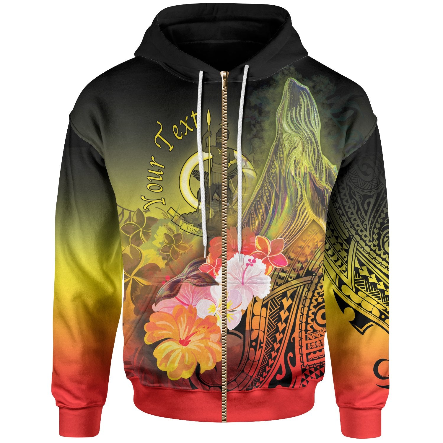 Vanuatu Custom Zip up Hoodie Humpback Whale with Tropical Flowers (Yellow) Unisex Yellow - Polynesian Pride