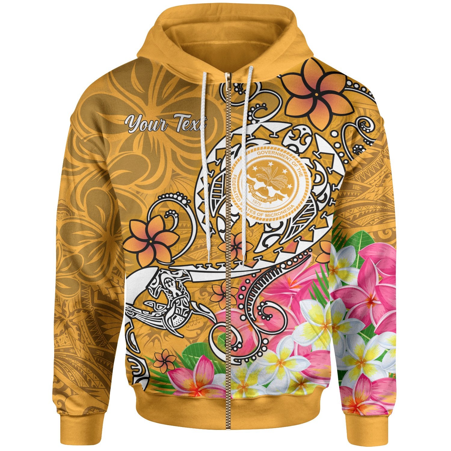 FSM Custom Zip up Hoodie Turtle Plumeria (Gold) Unisex - Polynesian Pride