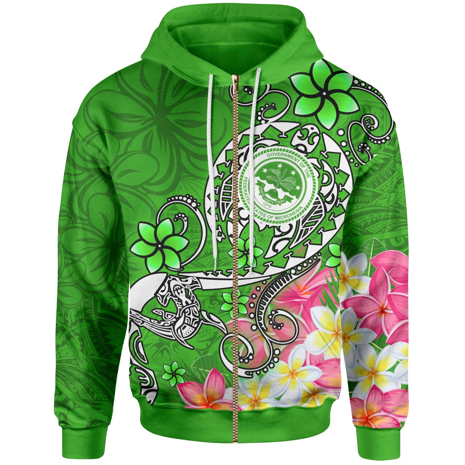 FSM Zip up Hoodie Turtle Plumeria (Green) Unisex Blue - Polynesian Pride