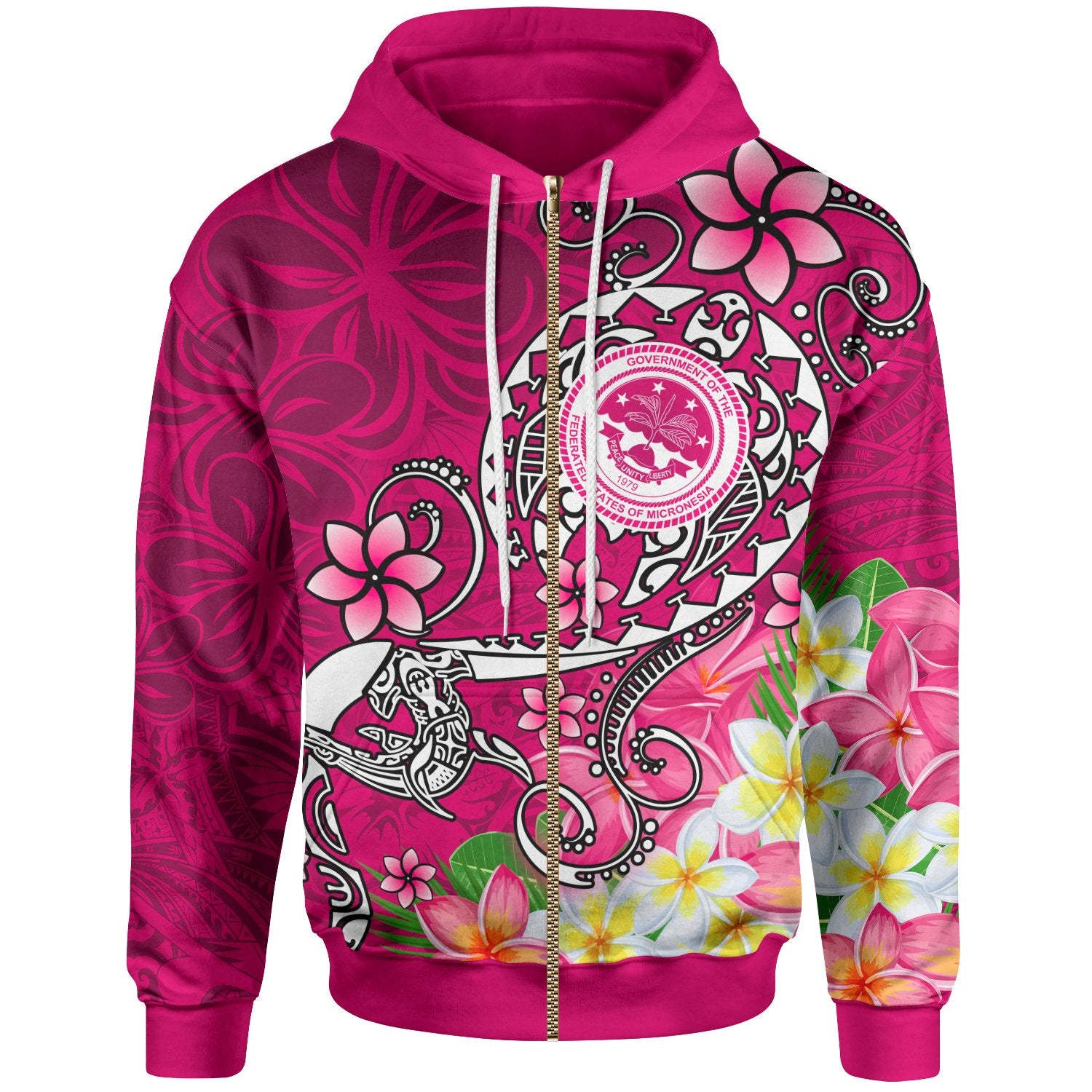 FSM Zip Hoodie Turtle Plumeria (PINK) Unisex Pink - Polynesian Pride