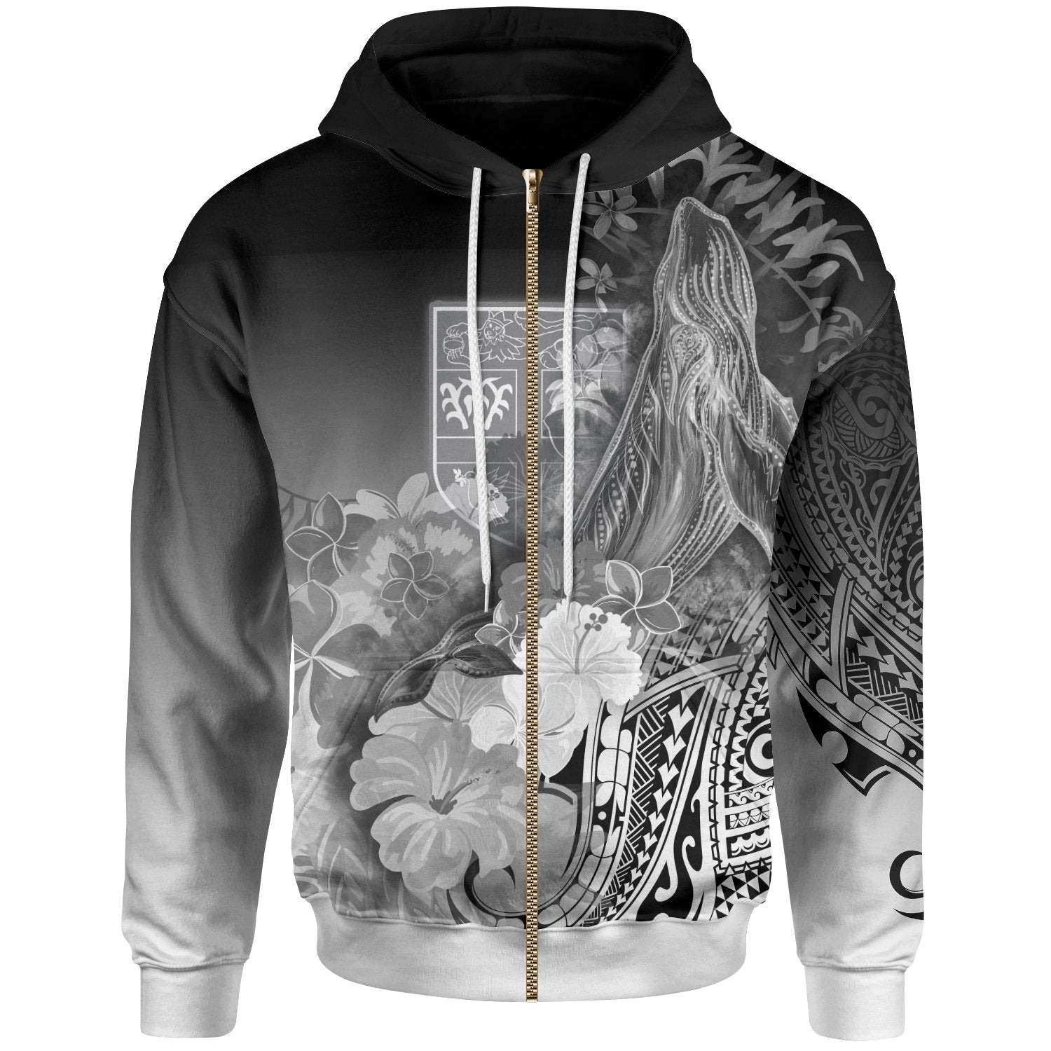 Fiji Zip up Hoodie Humpback Whale with Tropical Flowers (White) Unisex White - Polynesian Pride