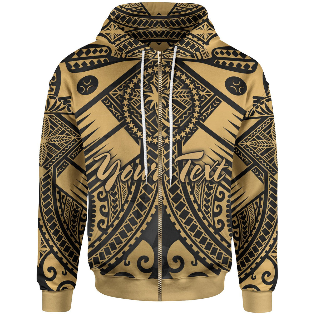 Chuuk Custom Zip up Hoodie Gold Seal with Polynesian Tattoo Unisex Gold - Polynesian Pride