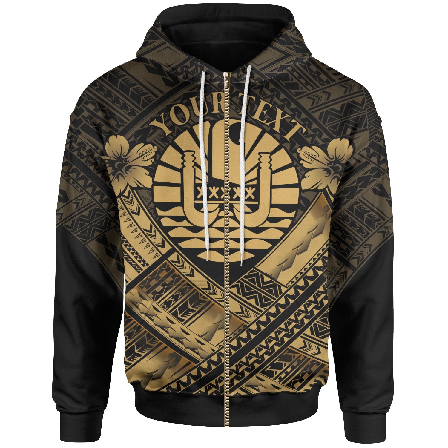 Tahiti Custom Polynesian Zip up Hoodie Tahiti Gold Seal Camisole Hibiscus Style Unisex Gold - Polynesian Pride