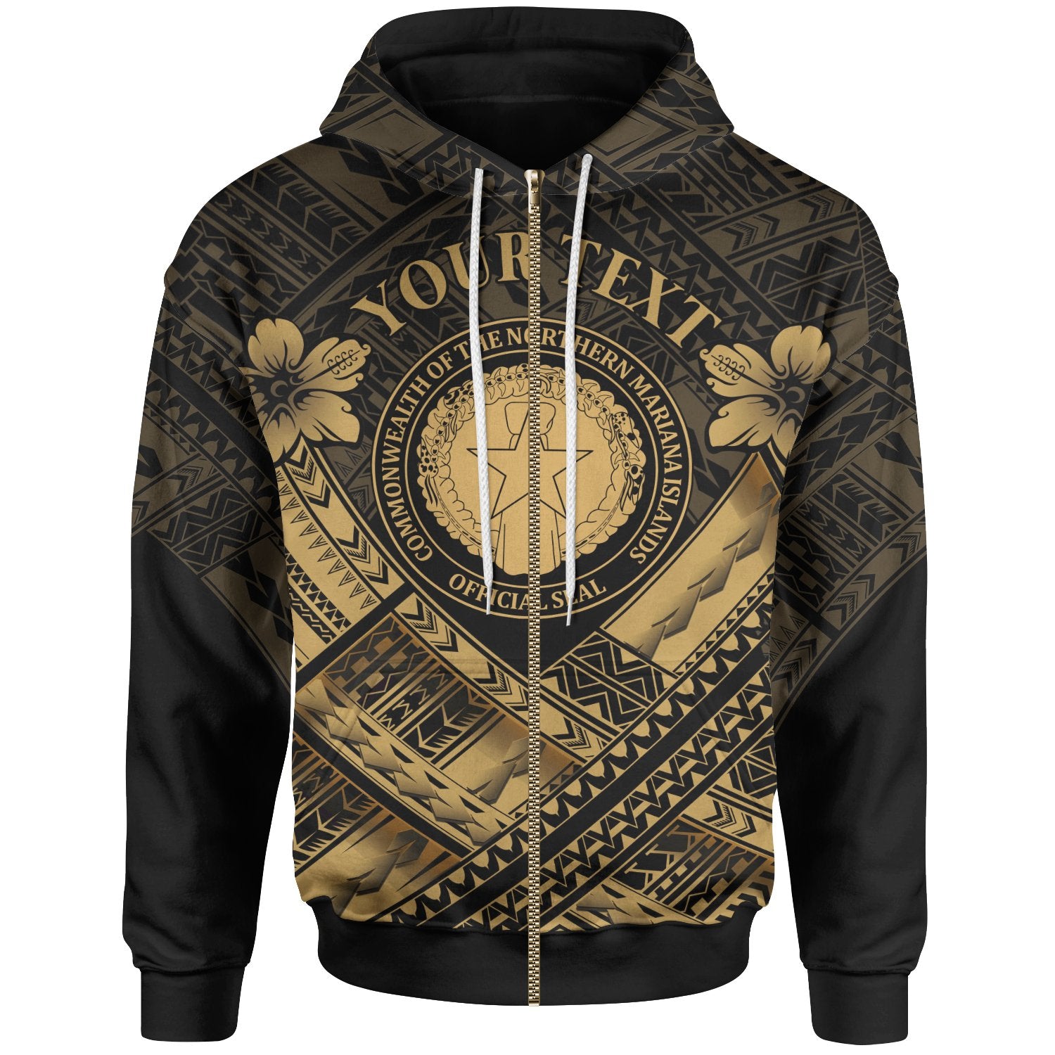 Northern Mariana Islands Custom Polynesian Zip up Hoodie CNMI Seal Camisole Hibiscus Style (Gold) Unisex Gold - Polynesian Pride