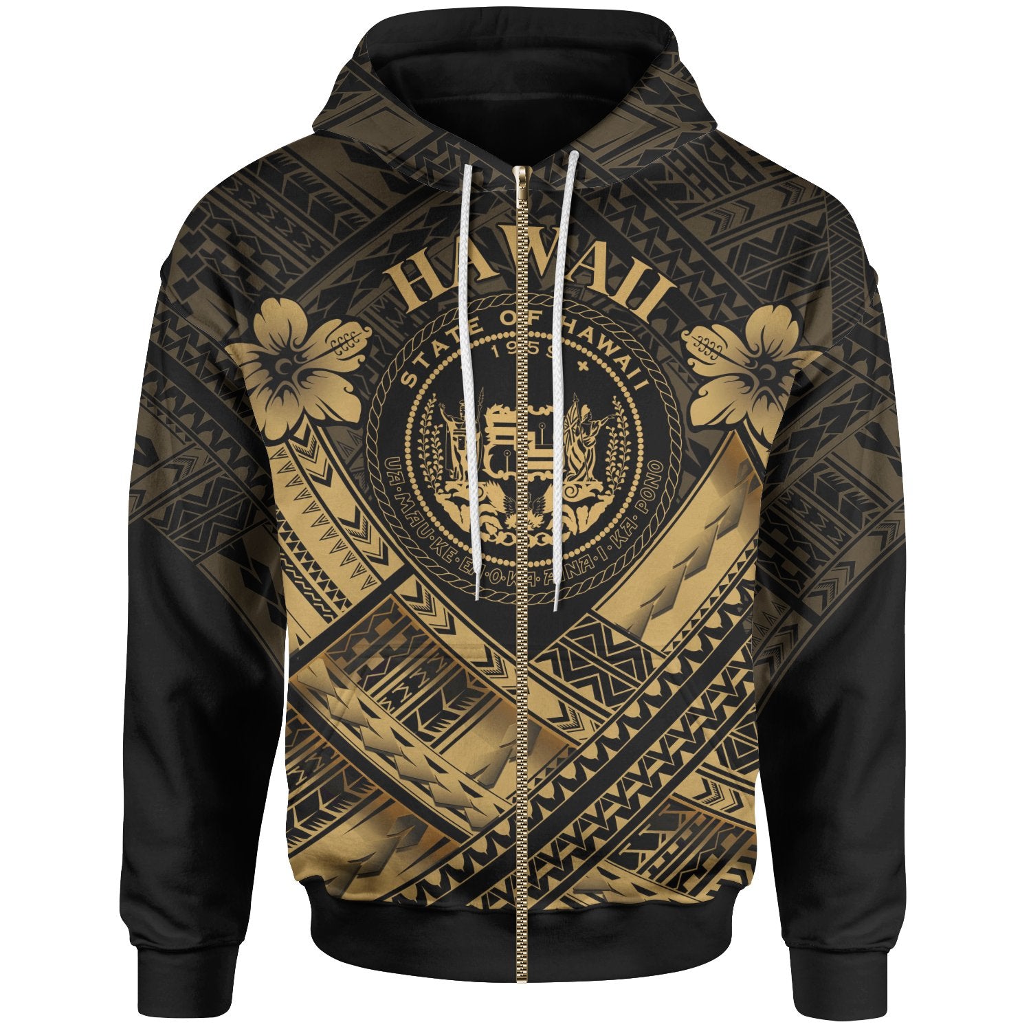 Hawaii Zip up Hoodie Gold Seal Polynesian Patterns Unisex Gold - Polynesian Pride