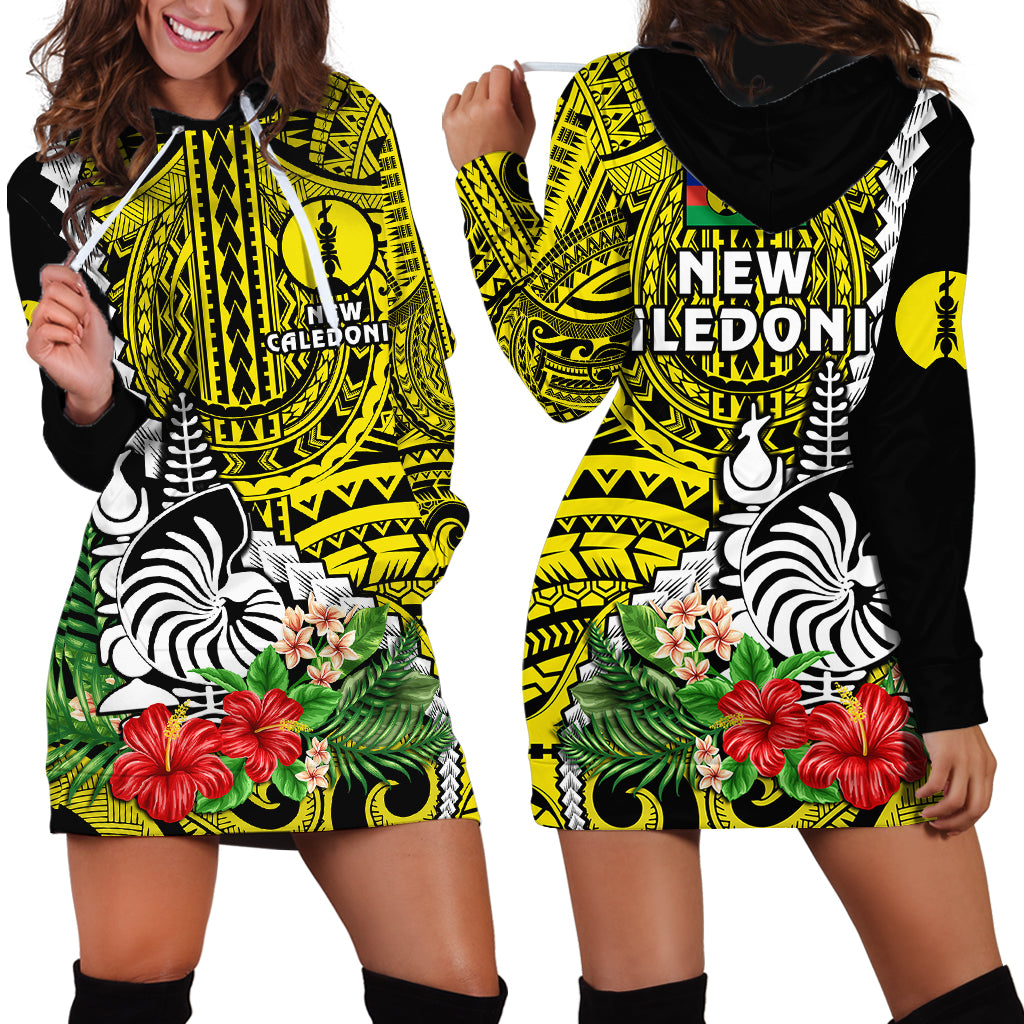 New Caledonia Polynesian Coat Of Arms Mix Tropical Flowers Hoodie Dress LT14 Yellow - Polynesian Pride