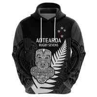 (Custom Text and Number) Aotearoa Rugby Sevens All Black Tiki Fern Hoodie LT14 Zip Hoodie Black - Polynesian Pride
