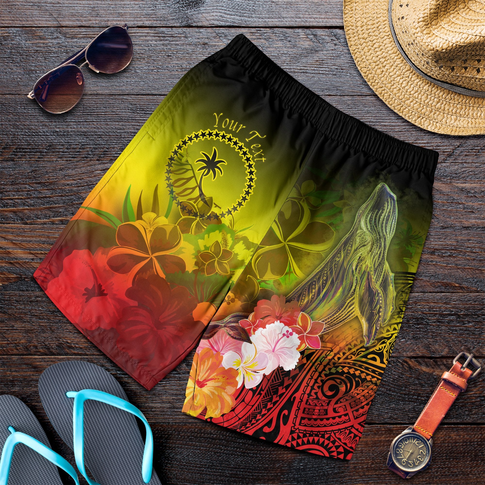 Custom Personalised Chuuk Men's Shorts - Humpback Whale with Tropical Flowers (Yellow) Yellow - Polynesian Pride