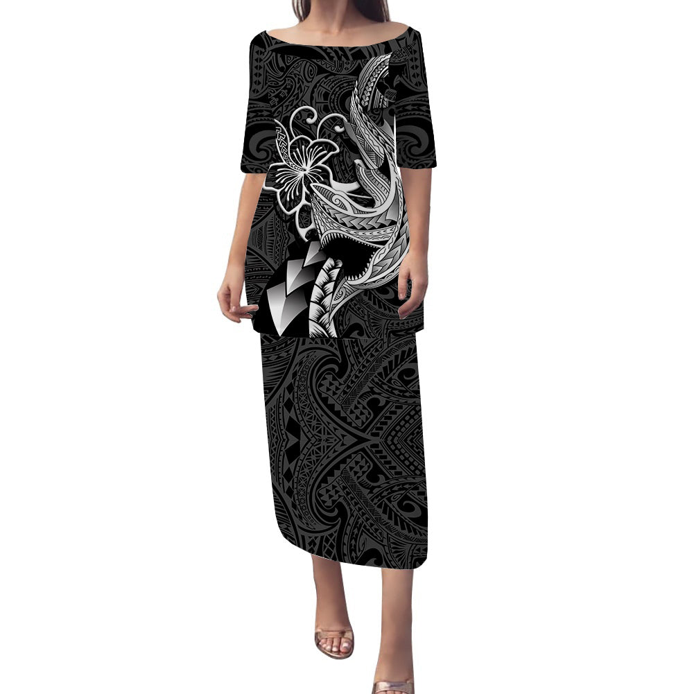 Polynesian Shark Tattoo Hawaii Tribal Puletasi Dress - LT12 Long Dress Black - Polynesian Pride