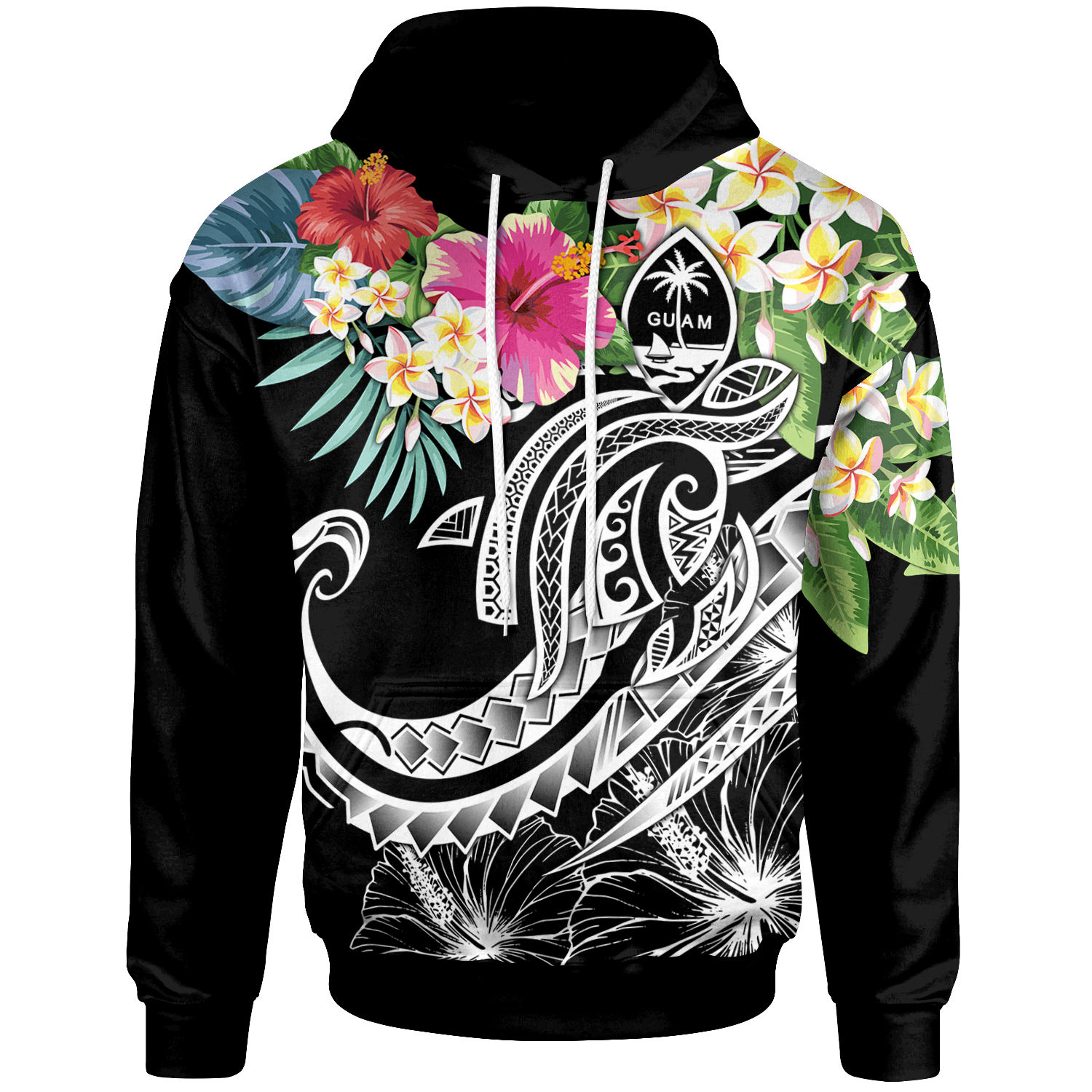 Guam Polynesian Hoodie Summer Plumeria (Black) Unisex Black - Polynesian Pride