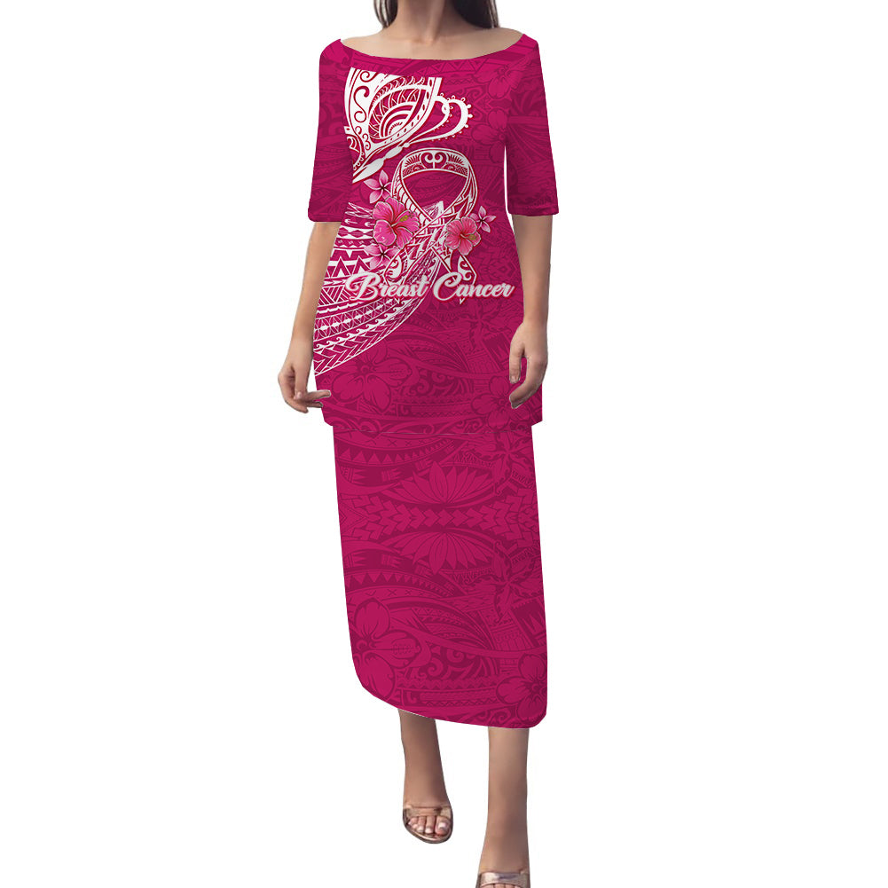 (Custom Personalised) Breast Cancer Pink Ribbon Butterfly Polynesian Pink Version Puletasi Dress - LT12 Long Dress Pink - Polynesian Pride