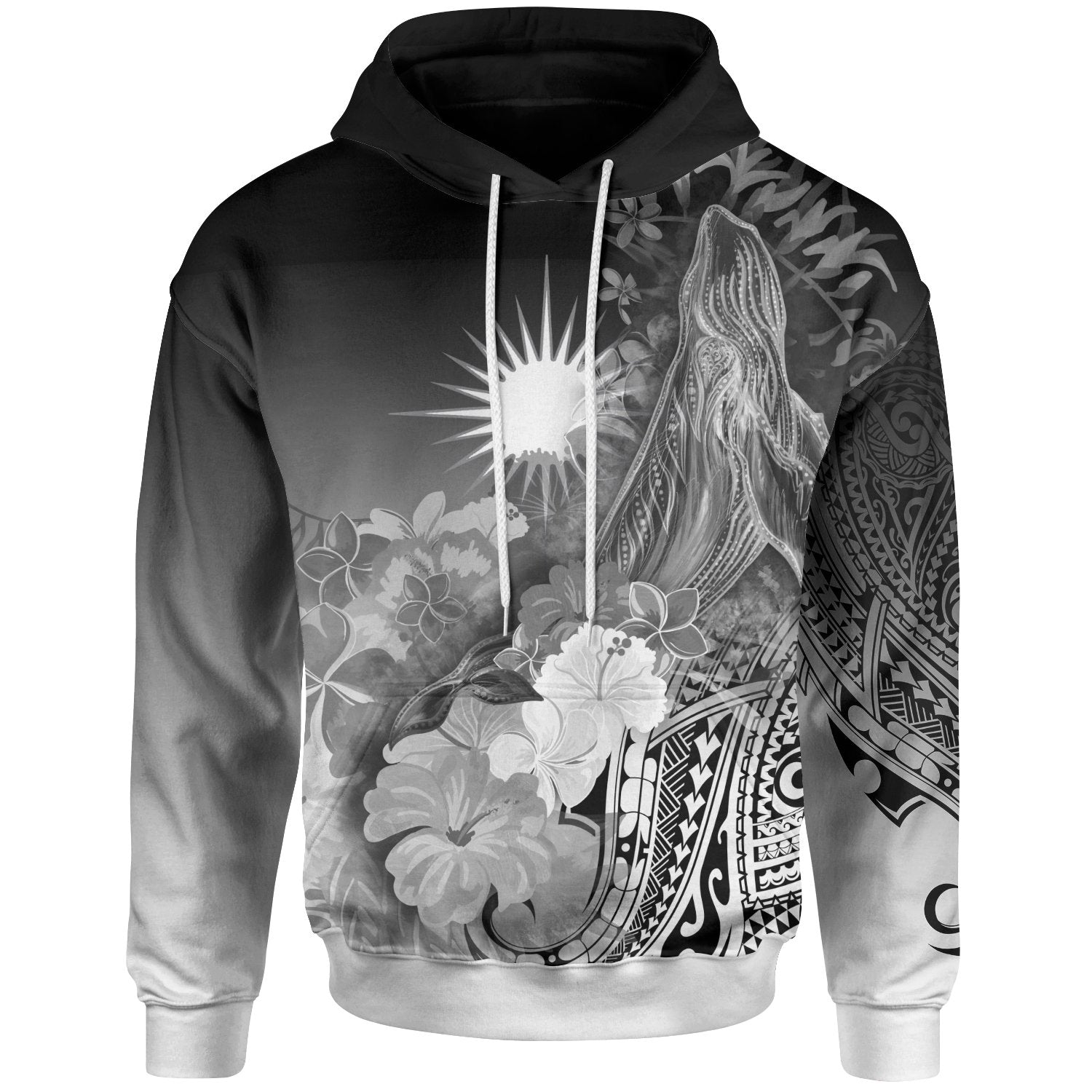 Marshall Islands Hoodie Humpback Whale with Tropical Flowers (White) Unisex White - Polynesian Pride