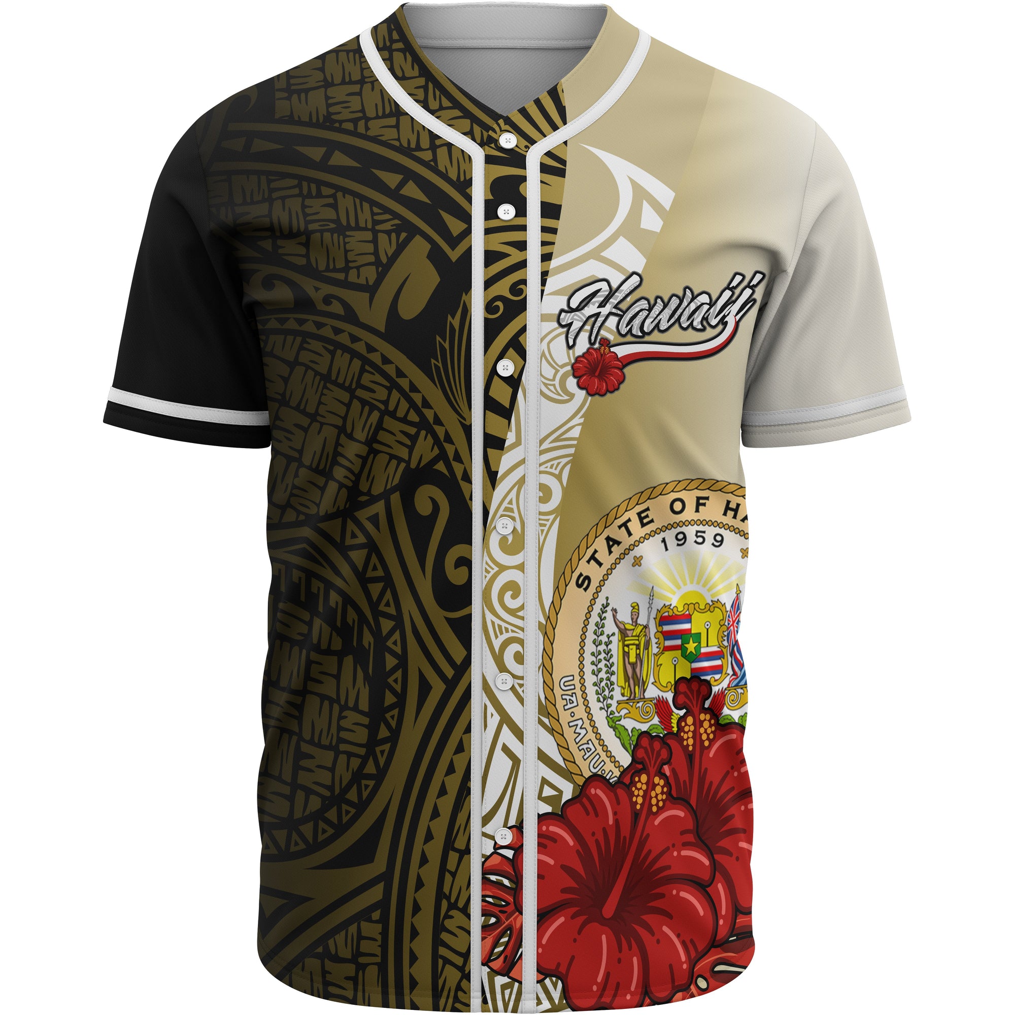 Hawaii Polynesian Baseball Shirt - Coat Of Arm With Hibiscus Gold Unisex Gold - Polynesian Pride