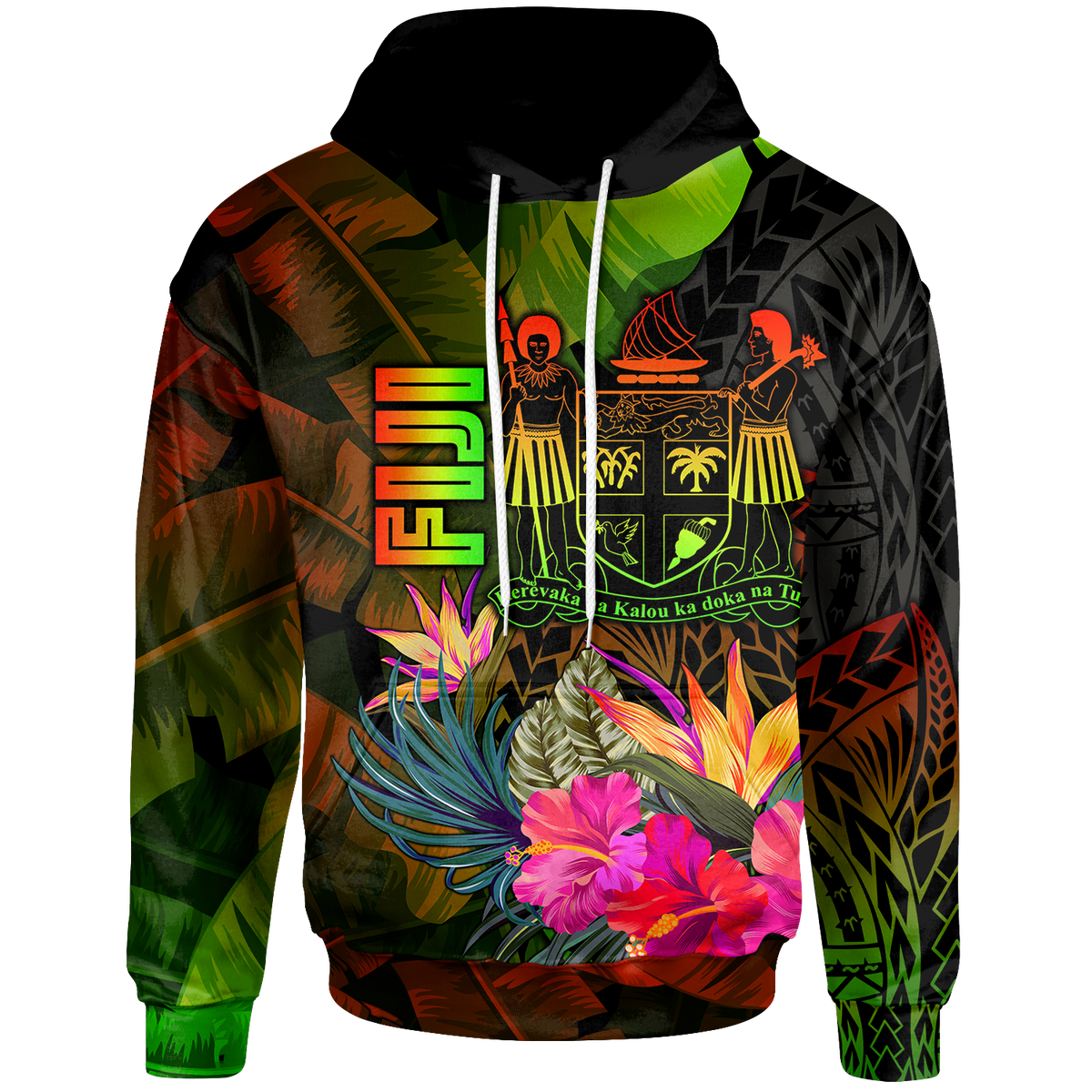 Fiji Polynesian Hoodie Hibiscus and Banana Leaves Unisex Reggae - Polynesian Pride