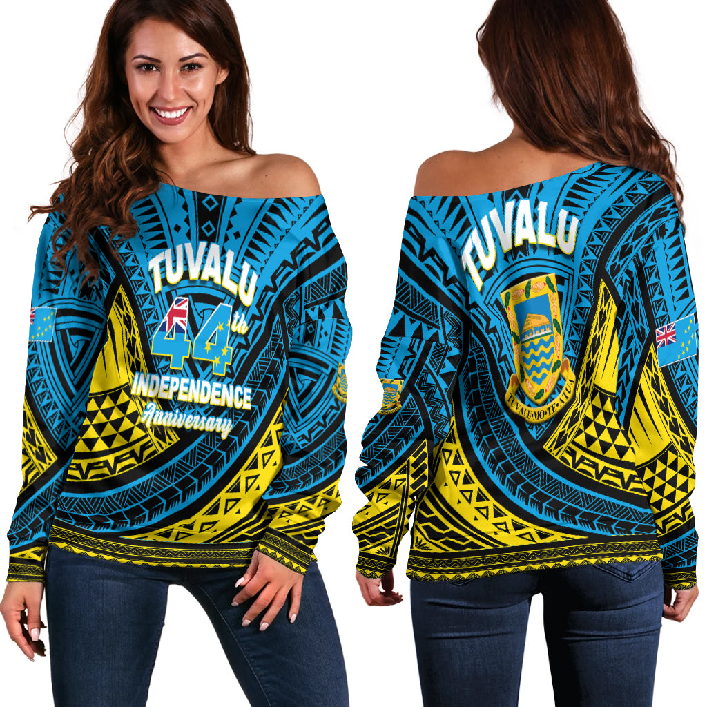 Tuvalu Women Off Shoulder Sweater 44th Independence Anniversary - Tribal Pattern - LT12 Women Off Shoulder Sweater Blue - Polynesian Pride