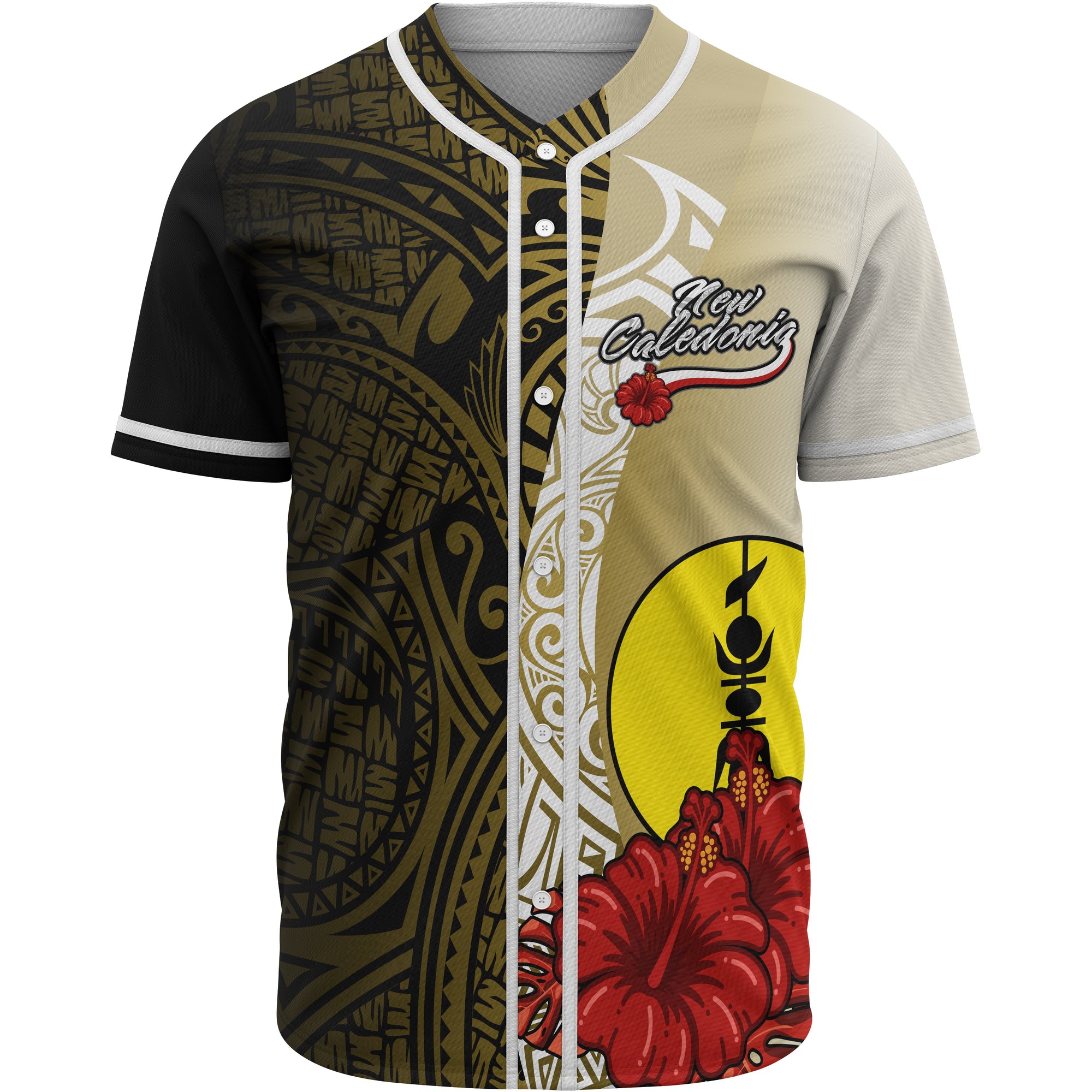 New Caledonia Polynesian Baseball Shirt - Coat Of Arm With Hibiscus Gold Unisex Gold - Polynesian Pride