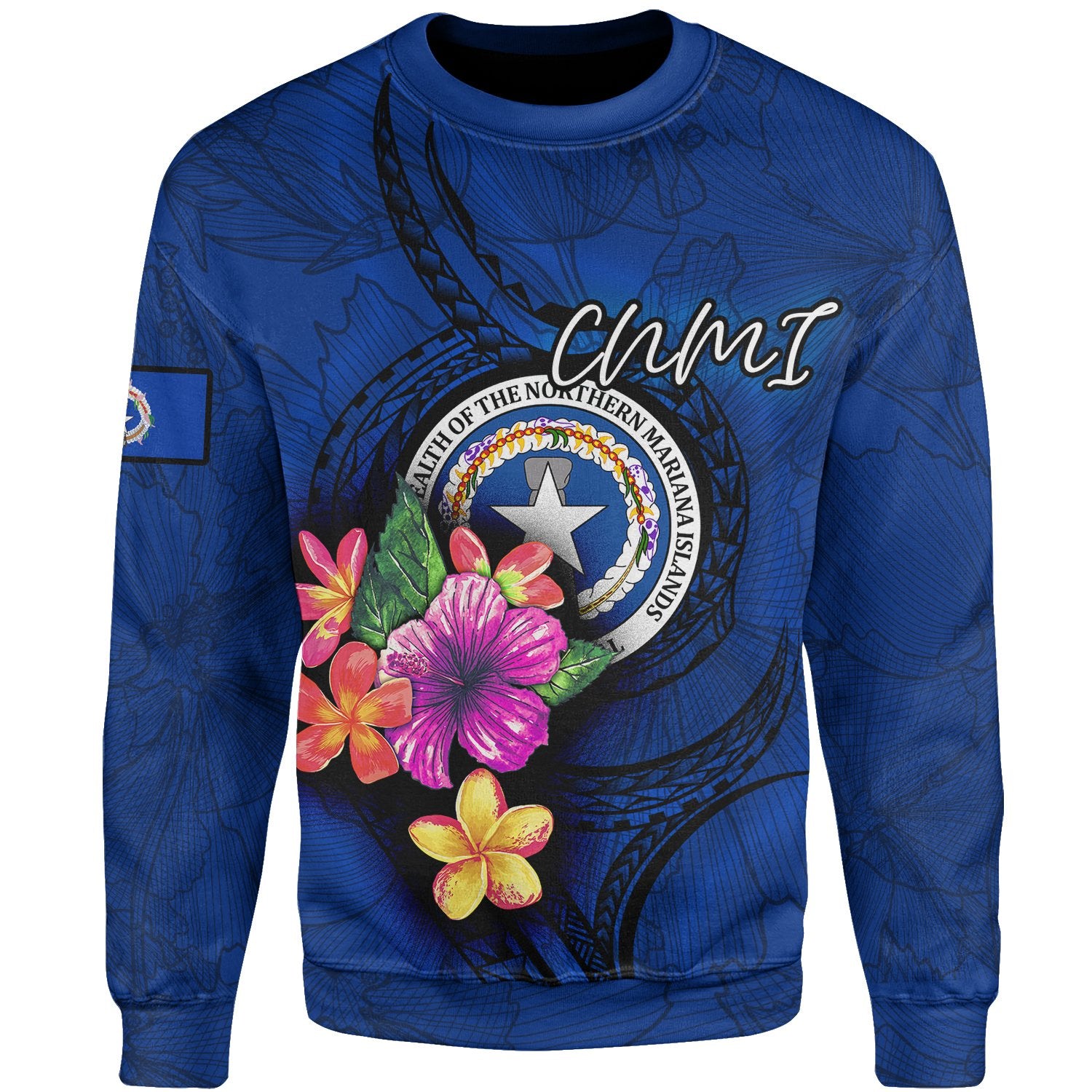 Northern Mariana Islands Polynesian Sweater - Floral With Seal Blue Unisex Blue - Polynesian Pride