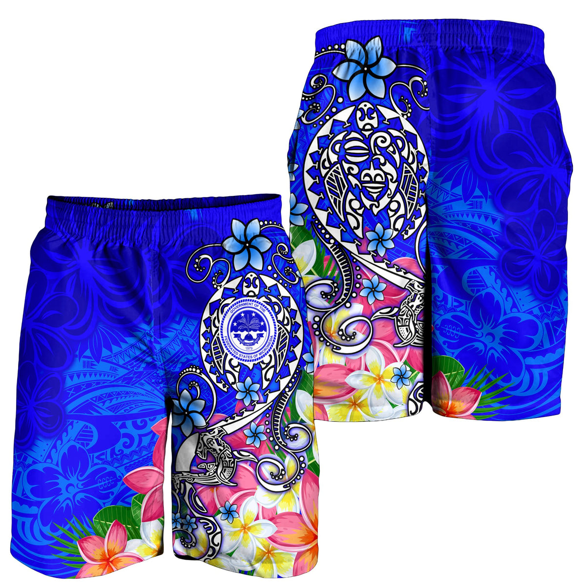 FSM Men's Shorts - Turtle Plumeria (Blue) - Polynesian Pride