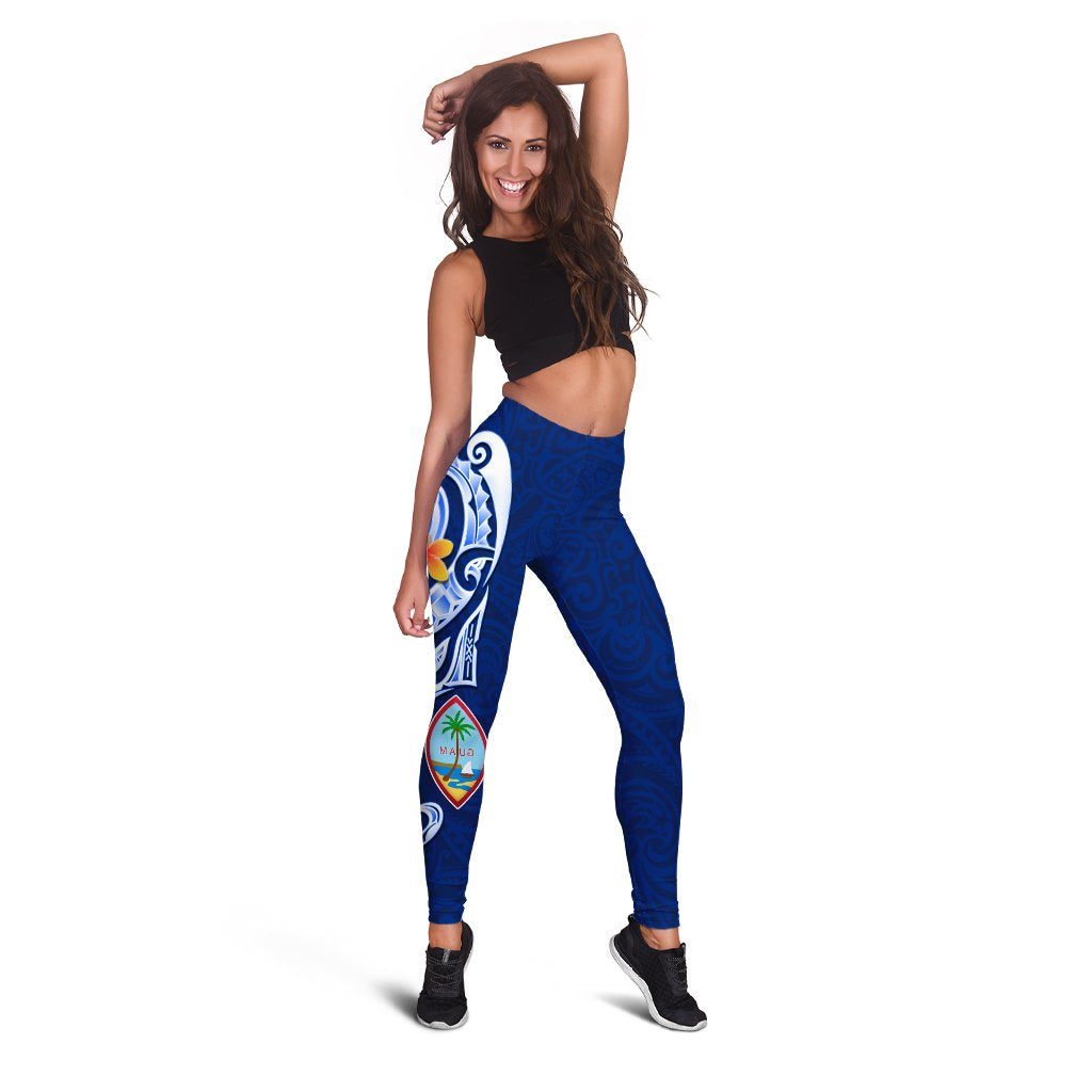 Guam Personalised Leggings - Guam Seal Polynesian Patterns Plumeria (Blue) Blue - Polynesian Pride