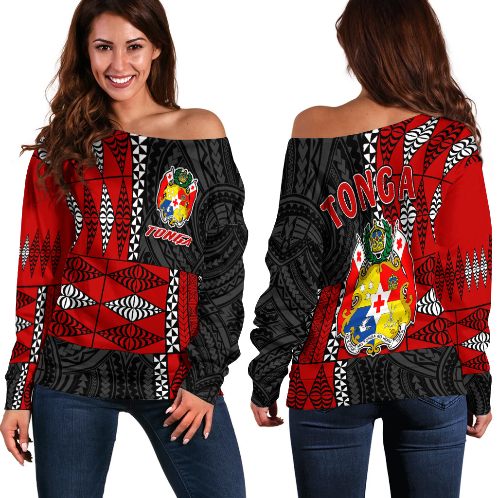 Tonga Off Shoulder Sweater Tongan Pattern Mix Polynesian LT13 Women Red - Polynesian Pride