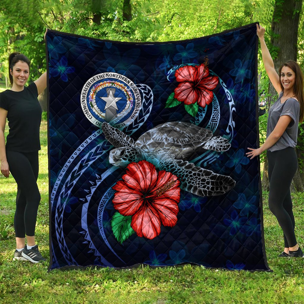 Northern Mariana Islands Polynesian Premium Quilt - Blue Turtle Hibiscus Blue - Polynesian Pride