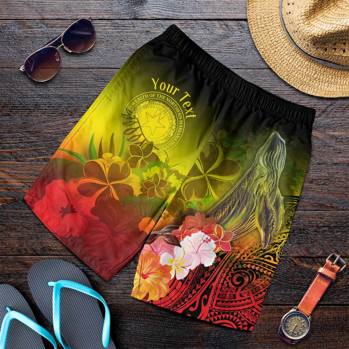 CNMI Custom Personalised Men's Short - Humpback Whale with Tropical Flowers (Yellow) - Polynesian Pride