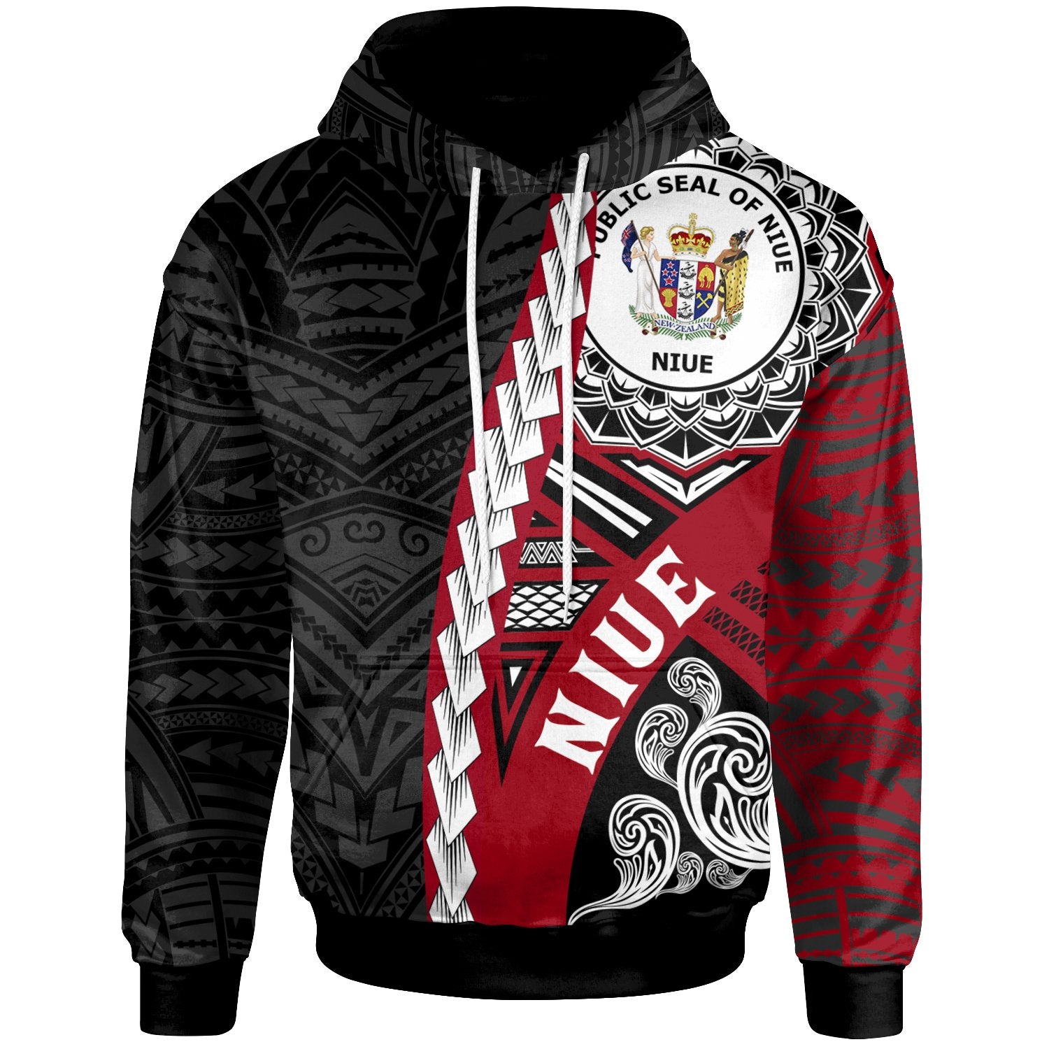 Niue Polynesian Hoodie Wave Tattoo Unisex Red - Polynesian Pride