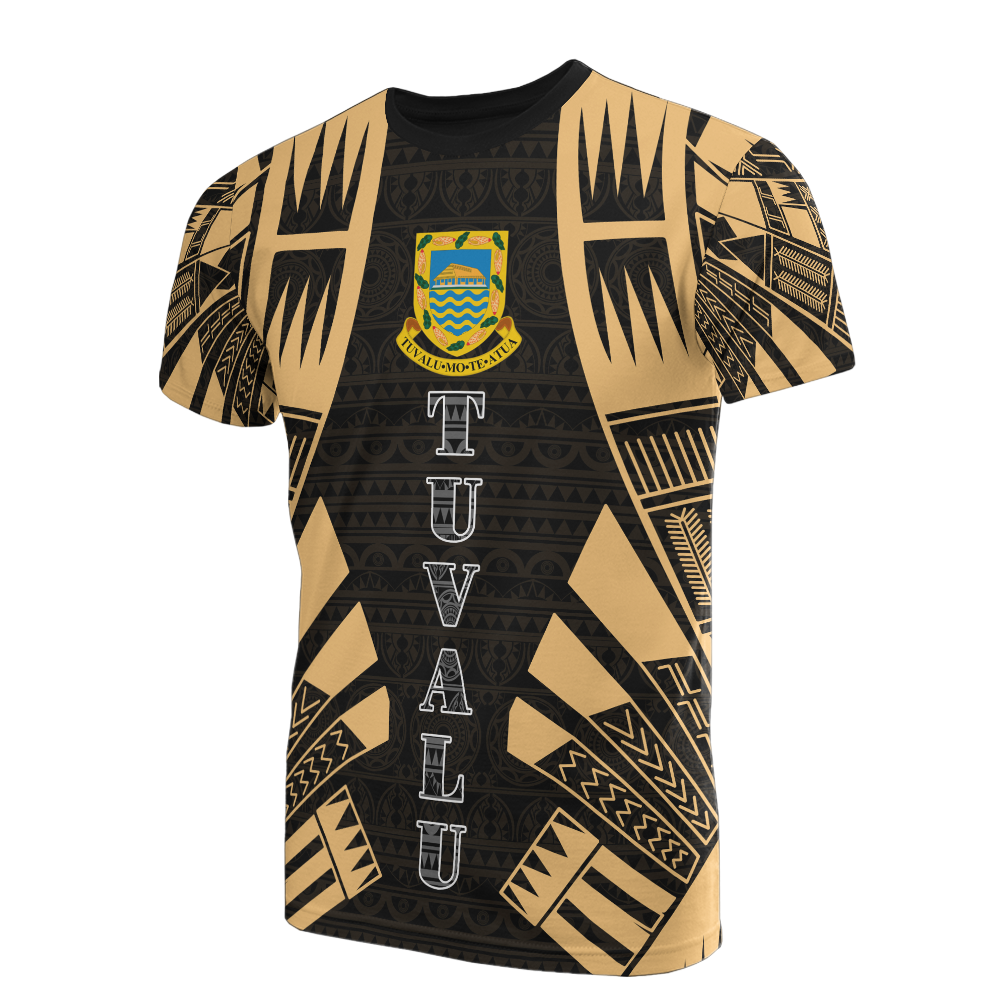 Tuvalu T Shirt Tuvaluan Coat of Arms Polynesian Tattoo Gold Style Unisex Black-Gold - Polynesian Pride