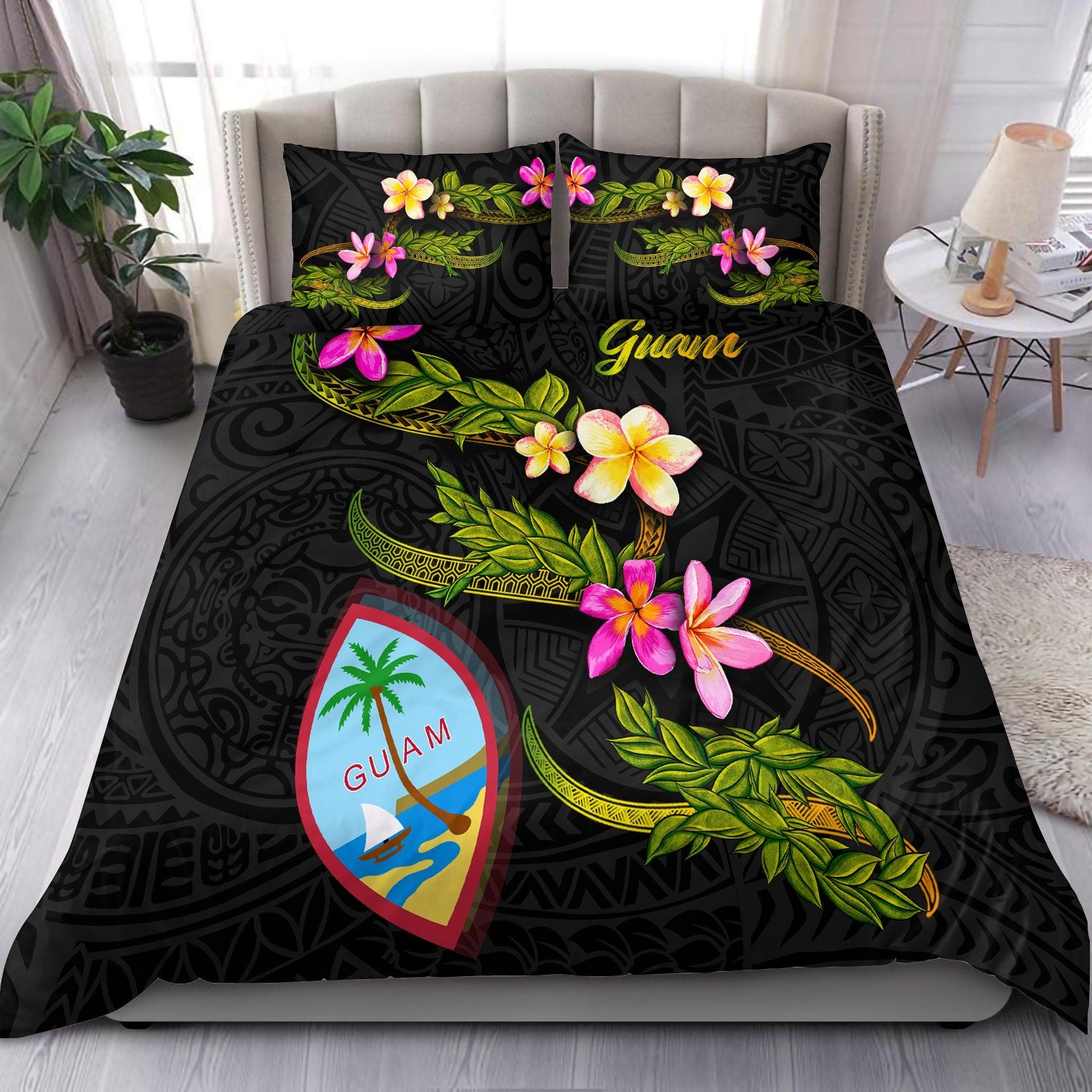 Guam Polynesian Bedding Set - Plumeria Tribal Black - Polynesian Pride