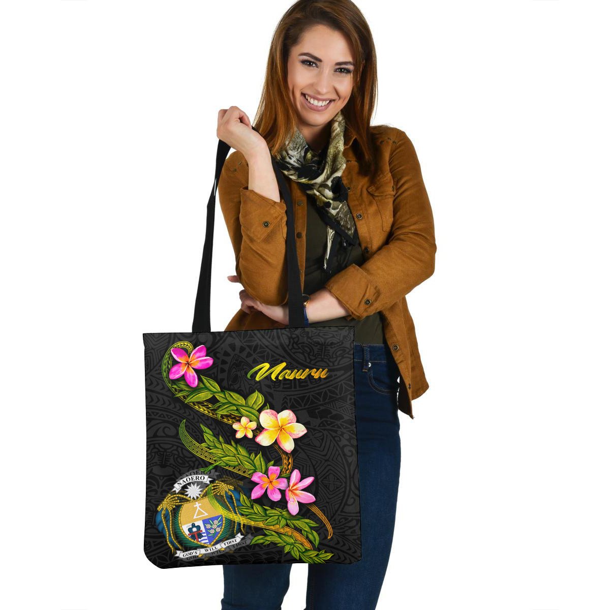 Nauru Polynesian Tote Bag - Plumeria Tribal Tote Bag One Size Black - Polynesian Pride