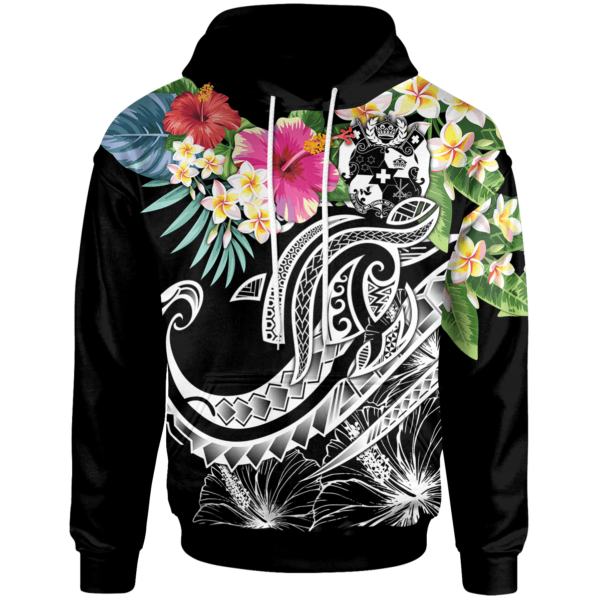 Tonga Polynesian Hoodie Summer Plumeria (Black) Unisex Black - Polynesian Pride
