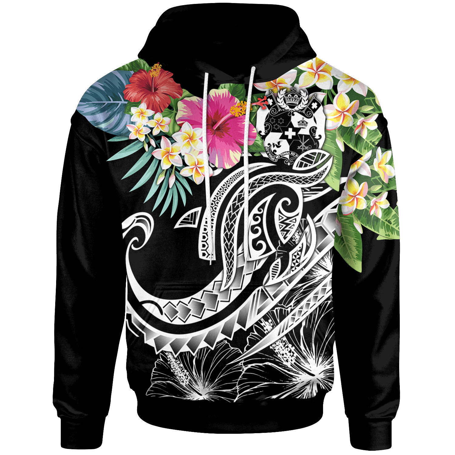 Tonga Polynesian Hoodie Summer Plumeria (Black) Unisex Black - Polynesian Pride