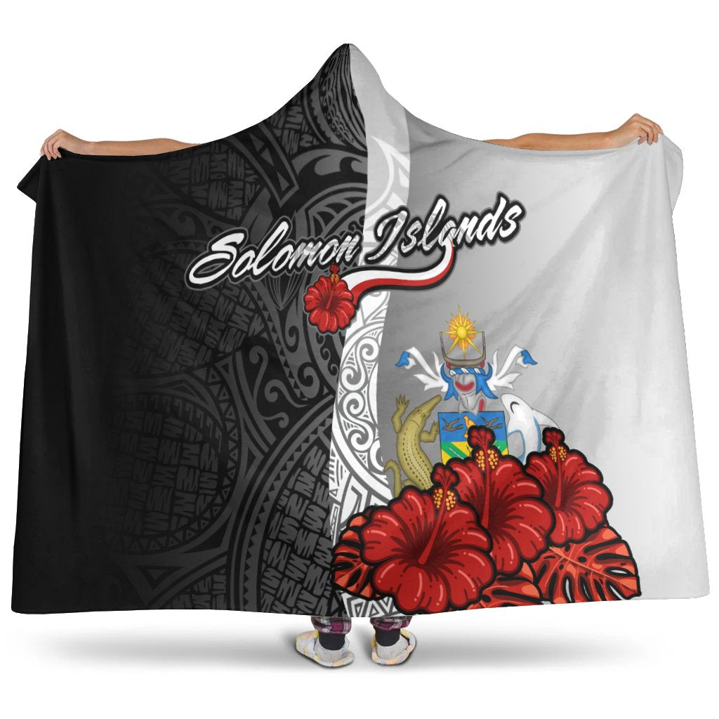 Solomon Islands Polynesian Hooded Blanket - Coat Of Arm With Hibiscus White Hooded Blanket White - Polynesian Pride