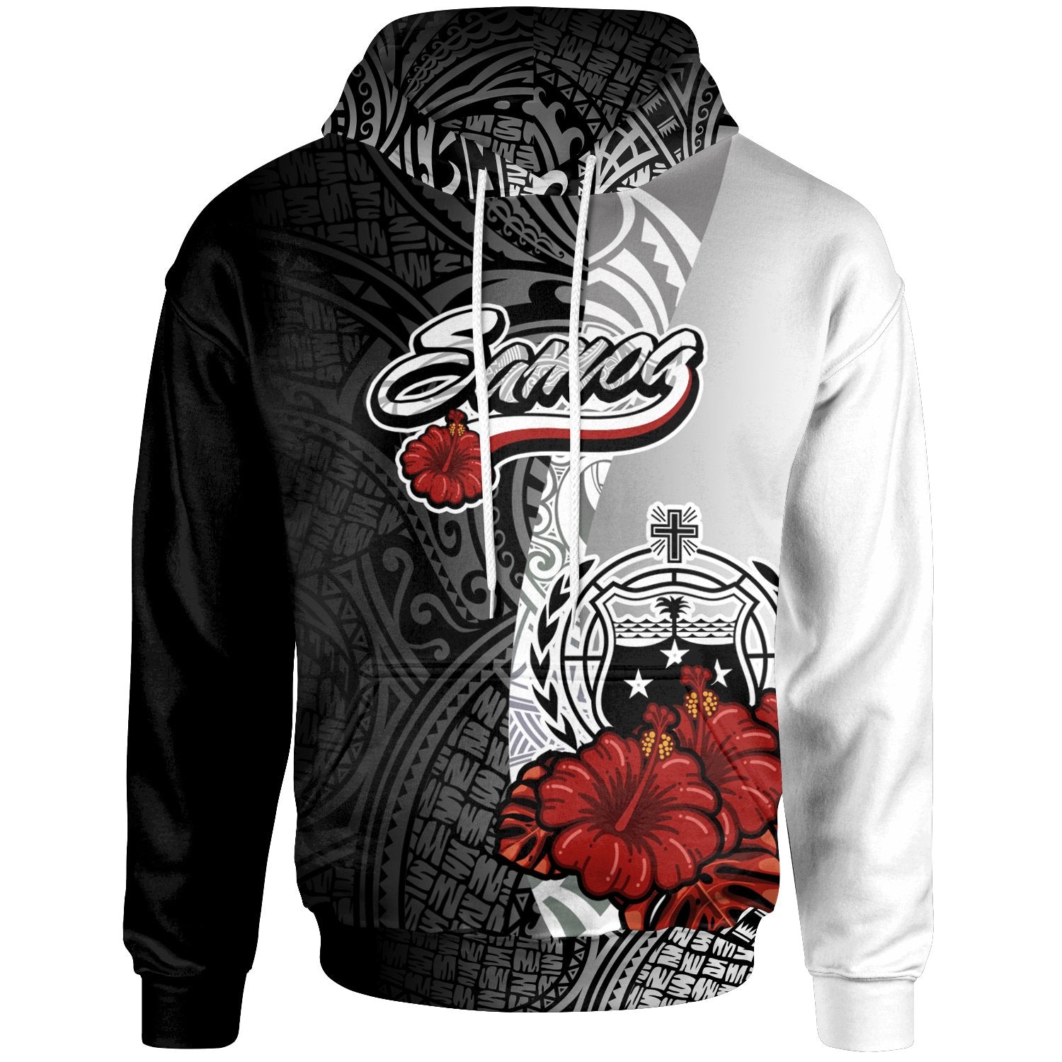 Samoa Polynesian Hoodie Coat of Arm With Hibiscus White Unisex White - Polynesian Pride