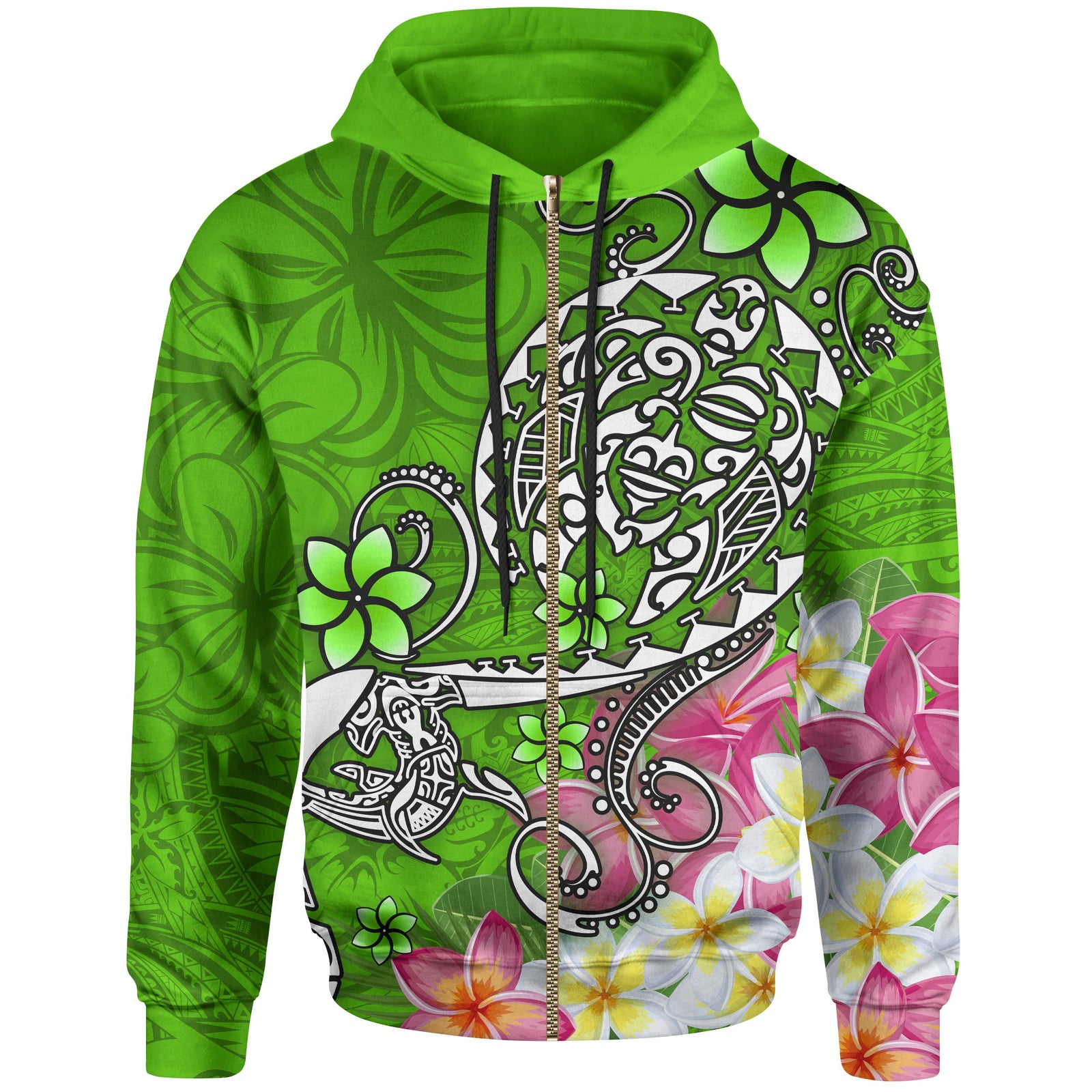 Polynesian Zip up Hoodie Turtle Plumeria Green Color Unisex Green - Polynesian Pride