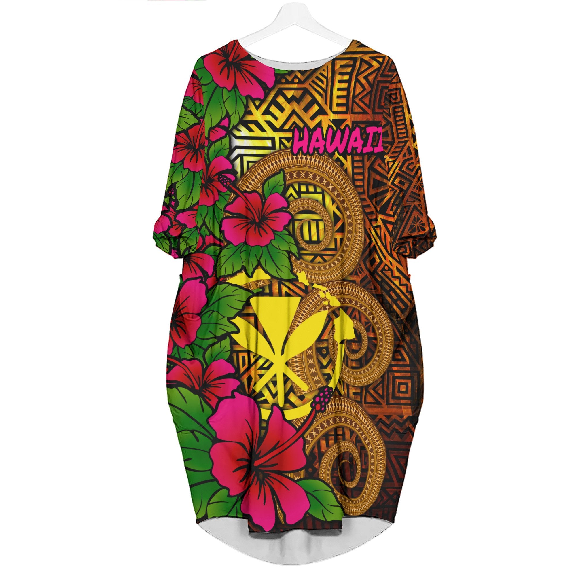 Hawaii Polynesian Batwing Pocket Dress - Hibiscus Vintage Women Gold - Polynesian Pride