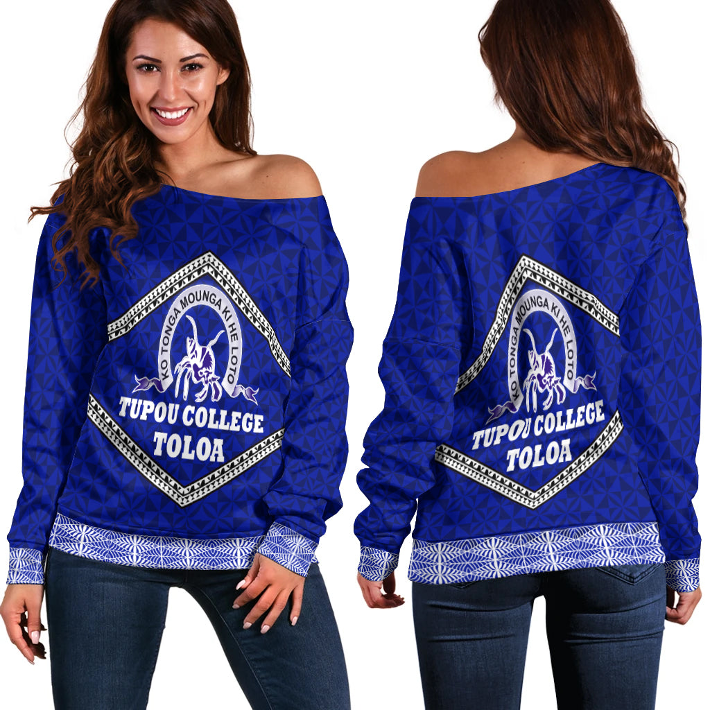 Tonga Tupou College Toloa Women's Off Shoulder Sweater - Ngatu Pattern - LT12 Blue - Polynesian Pride