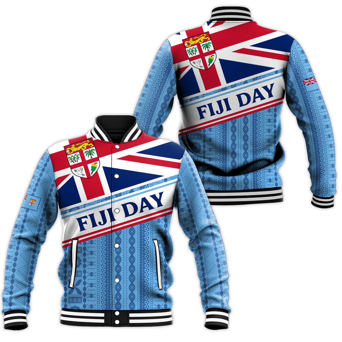 Fiji Day Baseball Jacket - Tapa Pattern With Flag - LT12 Unisex Green - Polynesian Pride