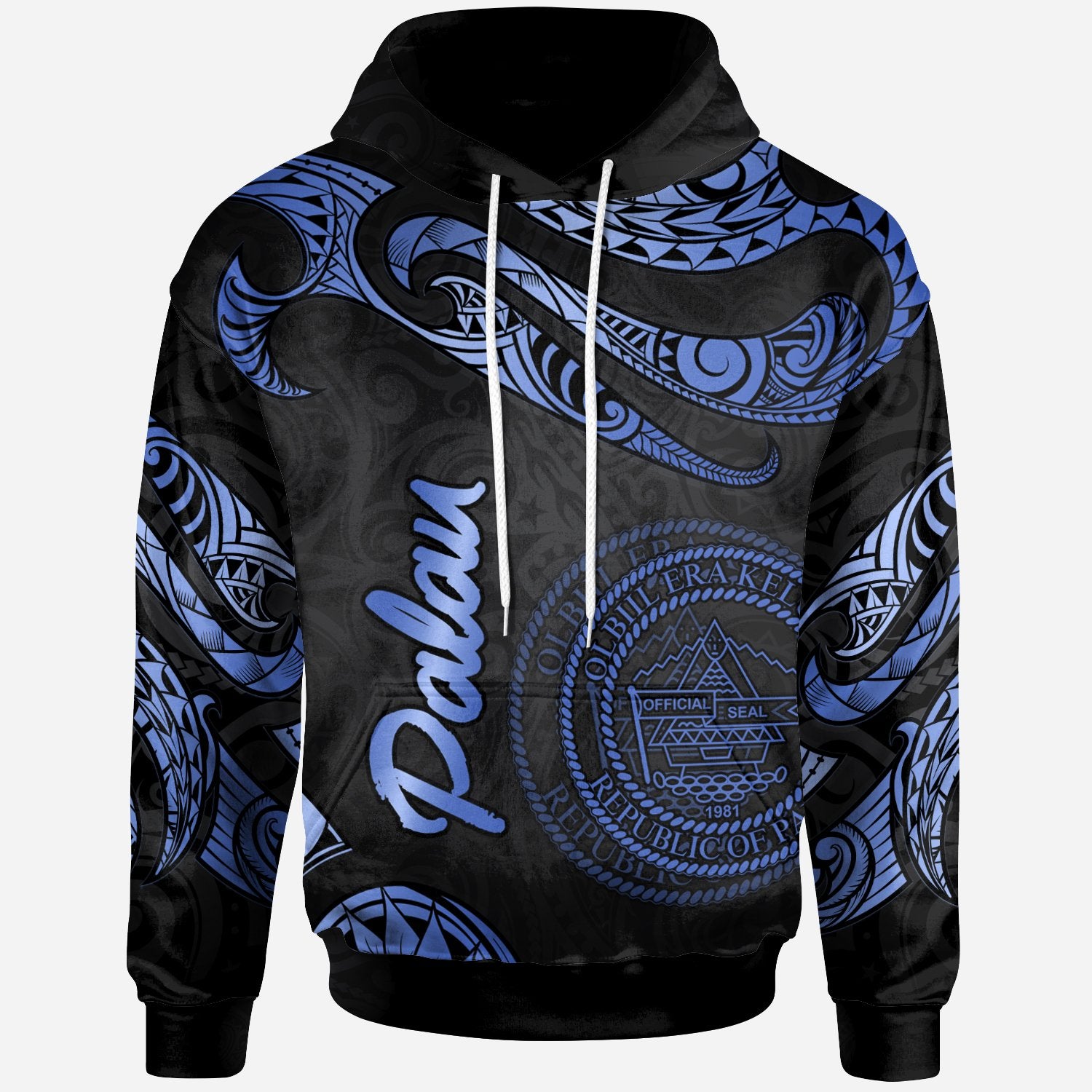 Palau Hoodie Polynesian Tattoo Blue Version Unisex Blue - Polynesian Pride