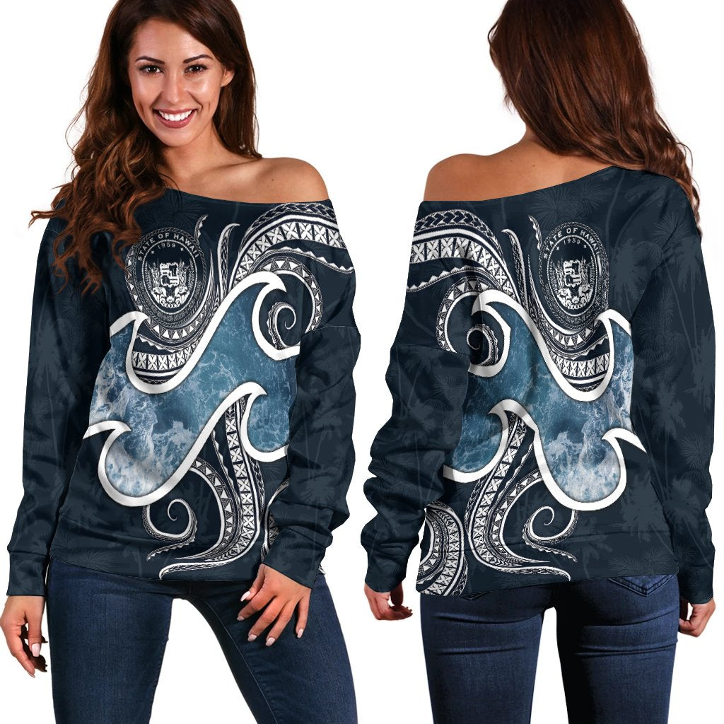 Polynesian Hawaii Women's Off Shoulder Sweater - Ocean Style (Coat of Arms) Black - Polynesian Pride